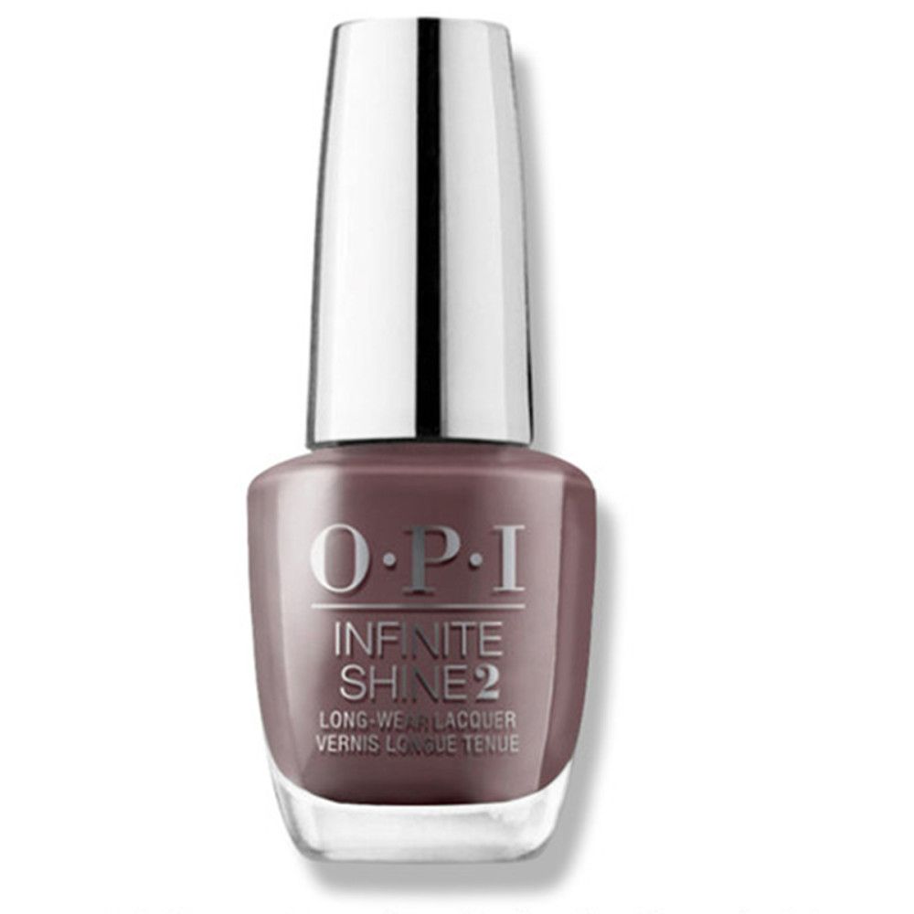 OPI Nagellacke Infinite Shine 2 Flasche. Graubraune Farbe. Silberner Deckel. Klarer Glasflakon.