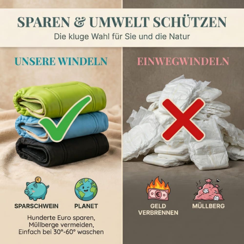 Vergleich Einwegwindeln und waschbare Windeln. Waschbare Windeln mit Haken. Text: Sparen & Umwelt schützen.