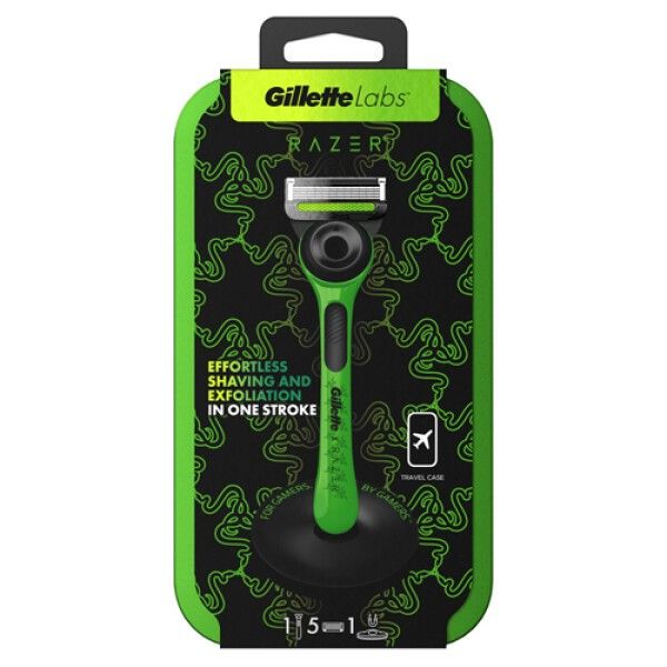 Gillette Labs Razer Limited Edition Rasierer-Set. Grün-schwarze Verpackung. Enthält Rasierer, 5 Klingen und Reiseetui.