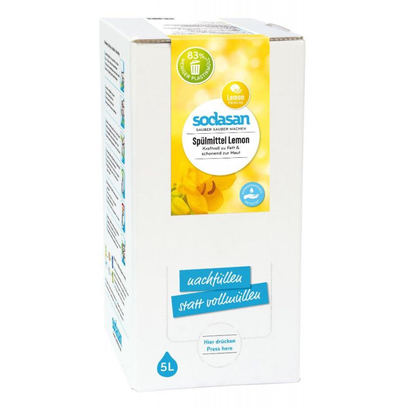 Karton mit Sodasan Spülmittel Lemon. Gelbes Etikett mit Produktname, Zitrone und Zertifizierungen. 5L-Angabe.
