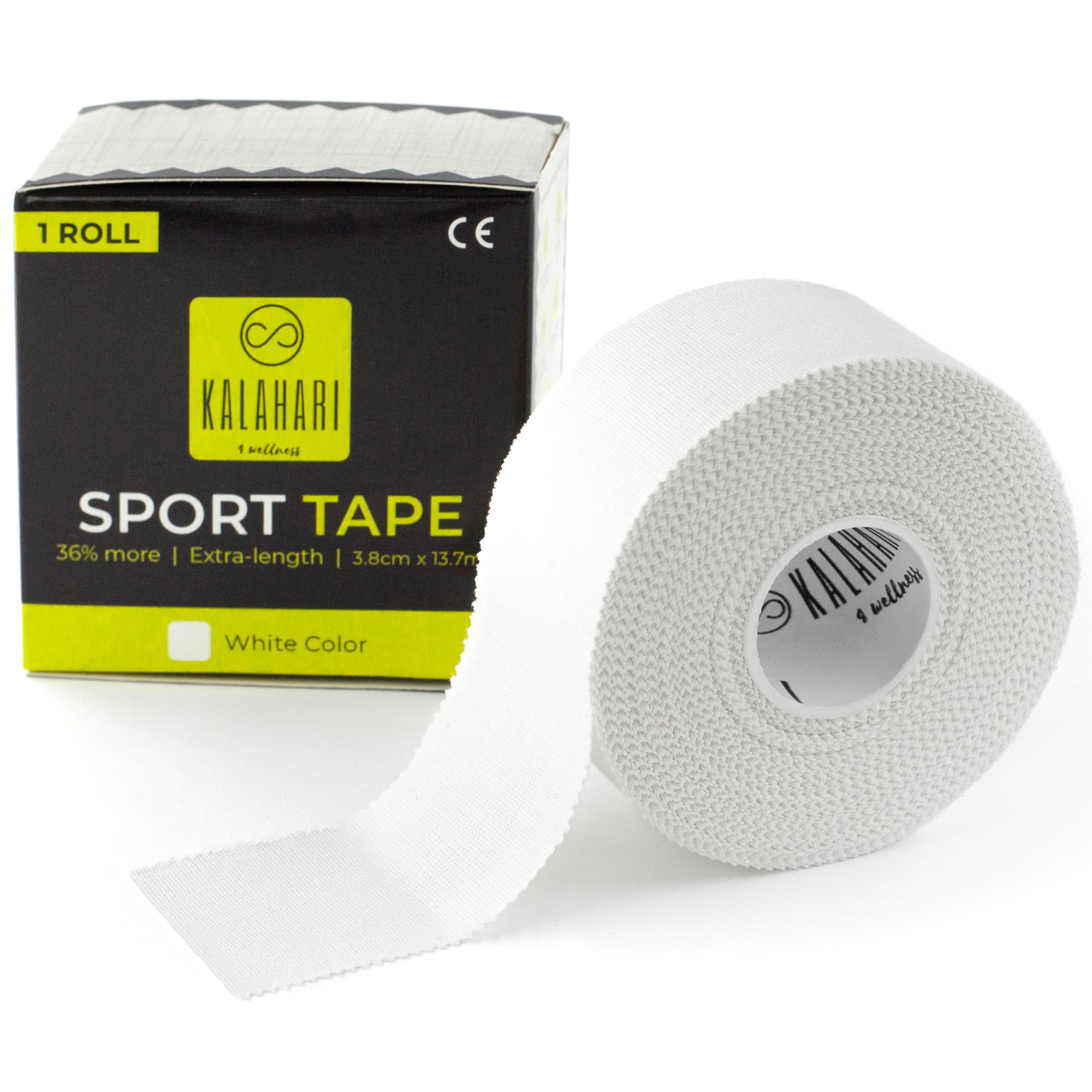 Eine Rolle weißes Sporttape neben einer offenen Verpackung mit "KALAHARI SPORT TAPE" Aufschrift.