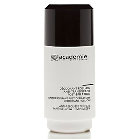 Weißer Roll-on-Deodorant von Académie mit schwarzem Deckel. Beschriftung: Anti-Transpirant Post-Epilation. Produkt zur Haarentfernung.