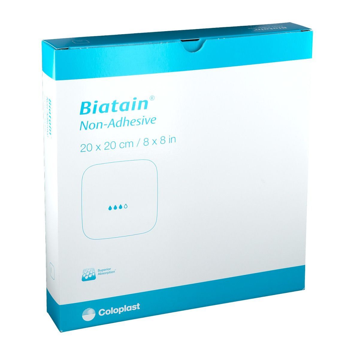 Produktverpackung. Aufschrift: Biatain Non-Adhesive, 20 x 20 cm. Marke Coloplast.