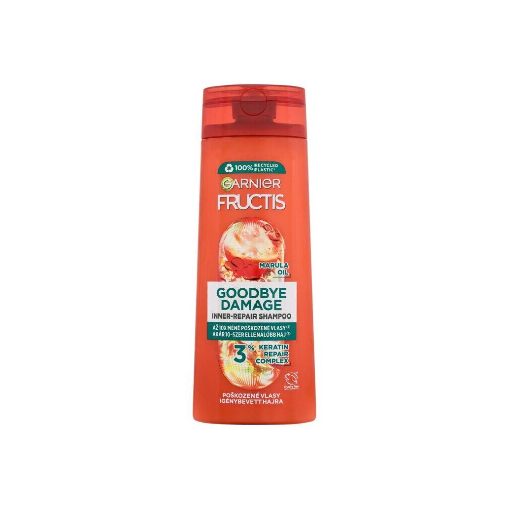 Orange Shampoo-Flasche mit rotem Deckel. Text: Garnier Fructis Goodbye Damage, Arganöl, Keratin Repair Complex.