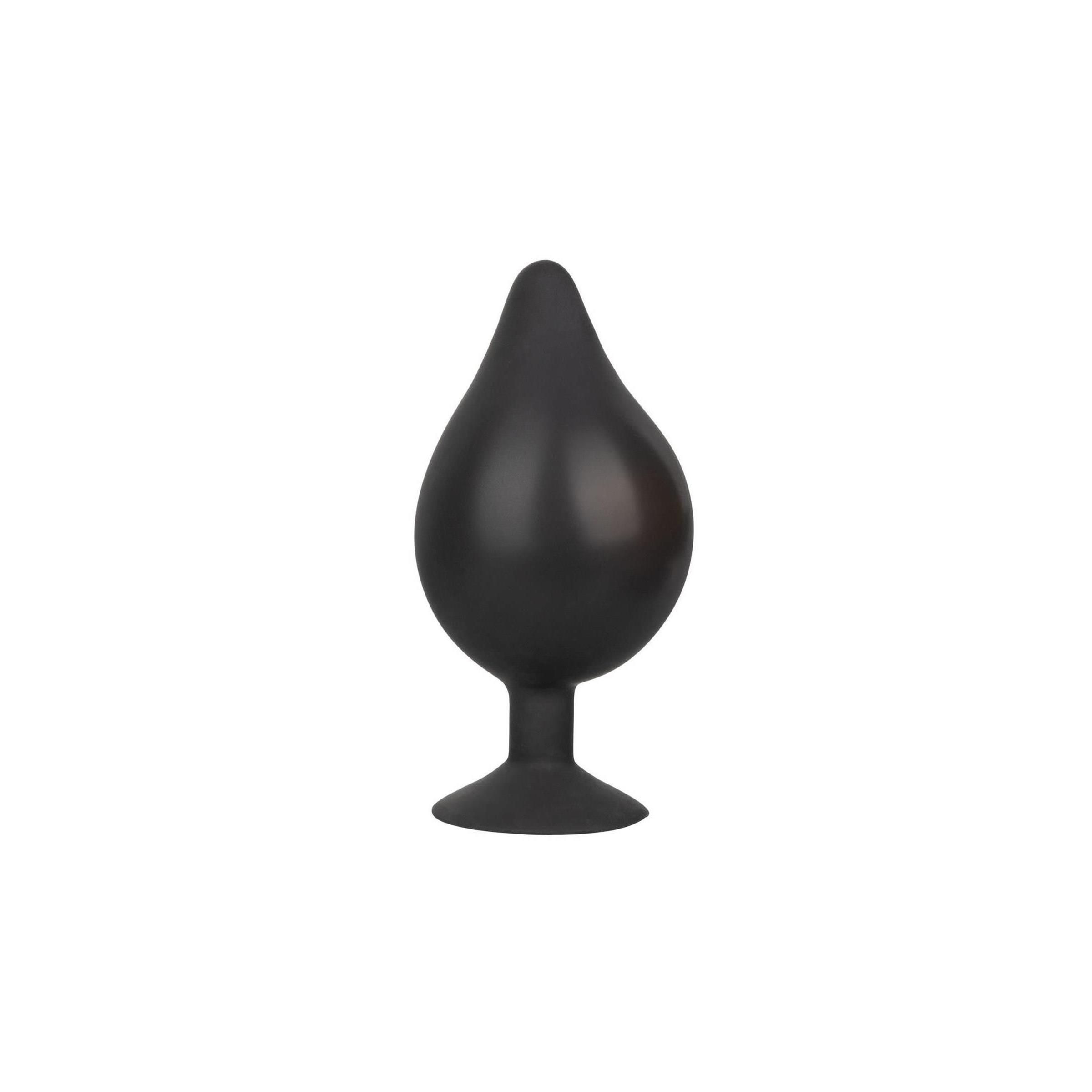 Schwarzer, aufblasbarer Silikon-Plug. Tropfenförmig mit Basis.