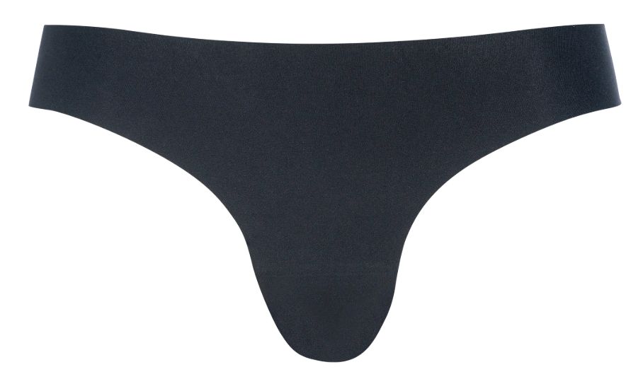 Schwarzer, nahtloser Slip. Blick von vorne. Minimalistisches Design mit tiefem Bund und nahtlosen Kanten.
