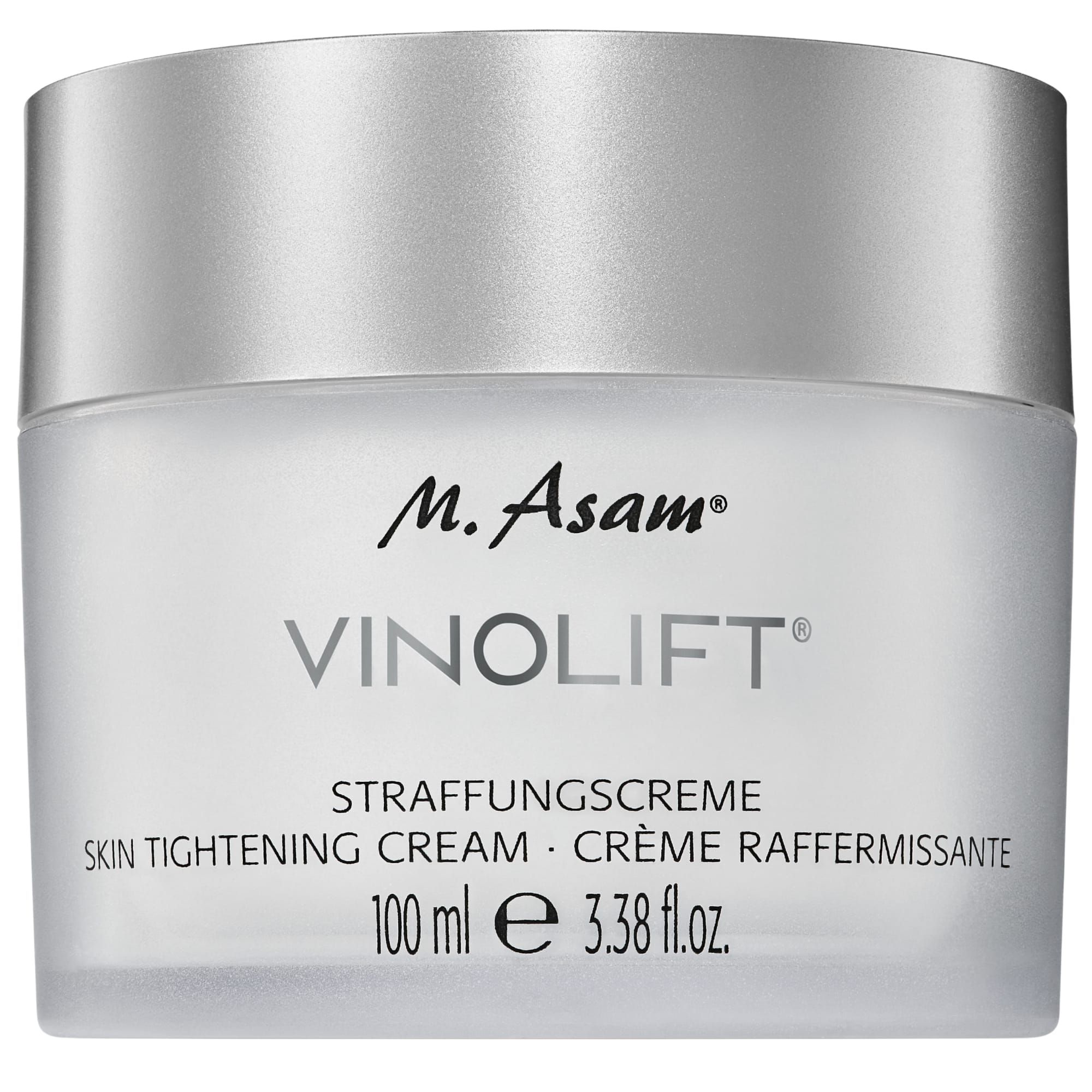 M. Asam Vinolift Straffungscreme, 100 ml, in einem matten Glasbehälter mit silbernem Schraubdeckel.