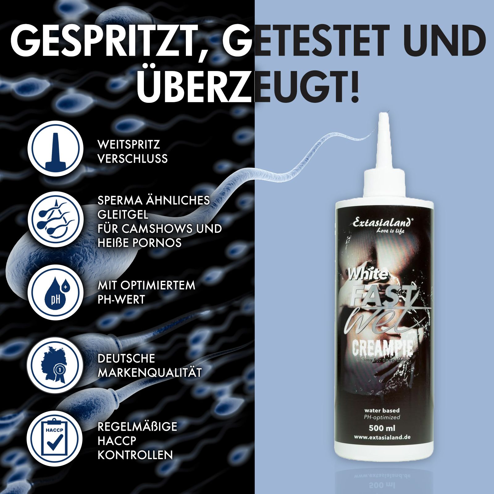 Produktflasche mit Logo und Produktnamen. Text: Gespritzt, getestet und überzeugt!