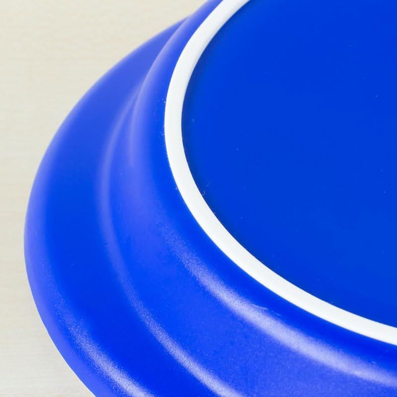 Nahaufnahme eines weißen Tellers mit blauem Rand. Der Teller ist leicht gewölbt.