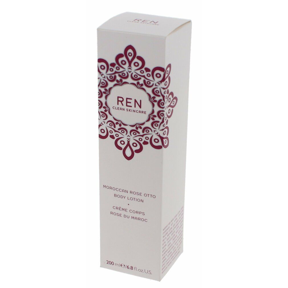 Weiße Schachtel mit REN-Logo und Produktbezeichnung. Text: Moroccan Rose Otto Body Lotion, Crème Corps Rose du Maroc.