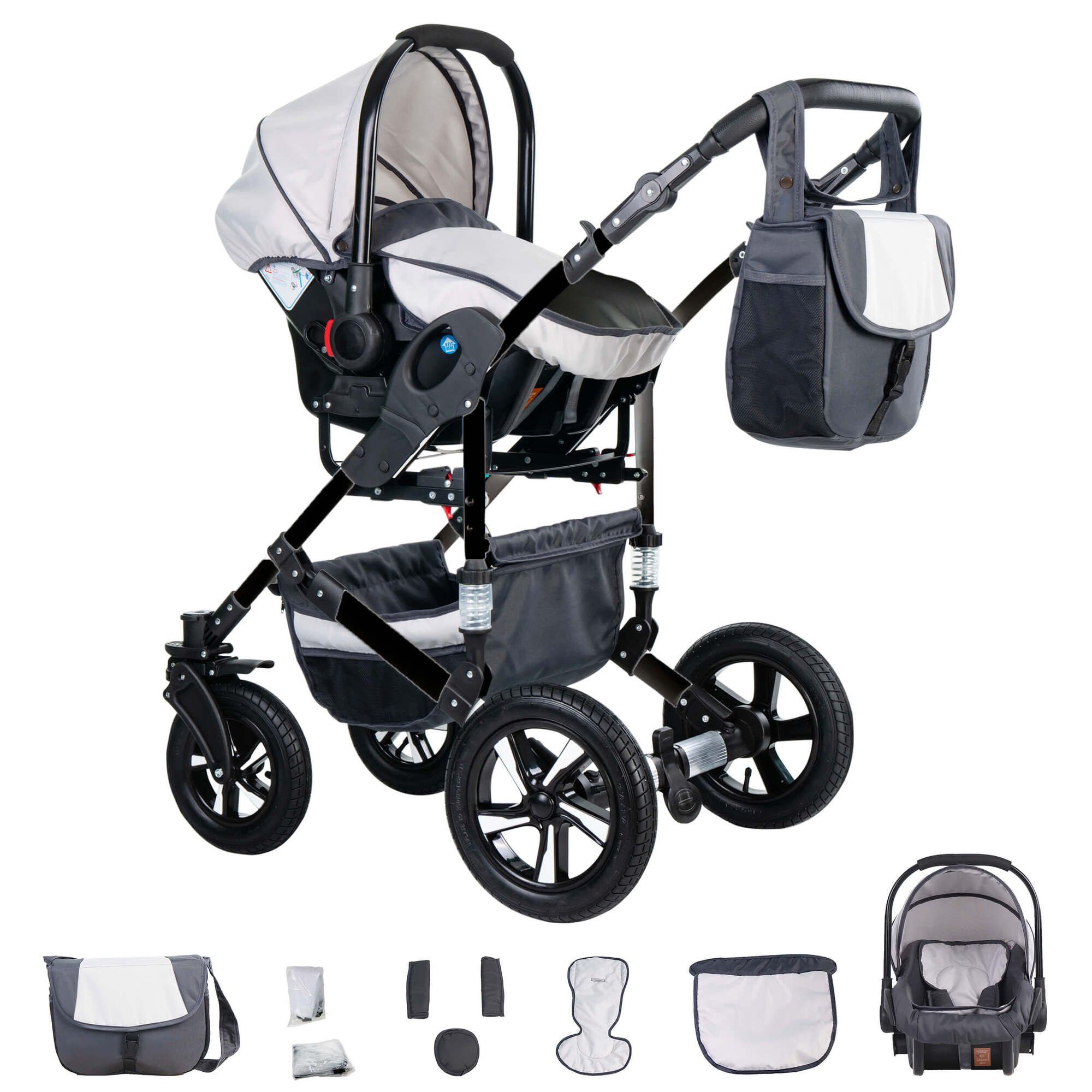 Friedrich Hugo Münster 4 in 1 Kinderwagen Komplettset ISOFIX Basis Hartgummireifen, White & Grey