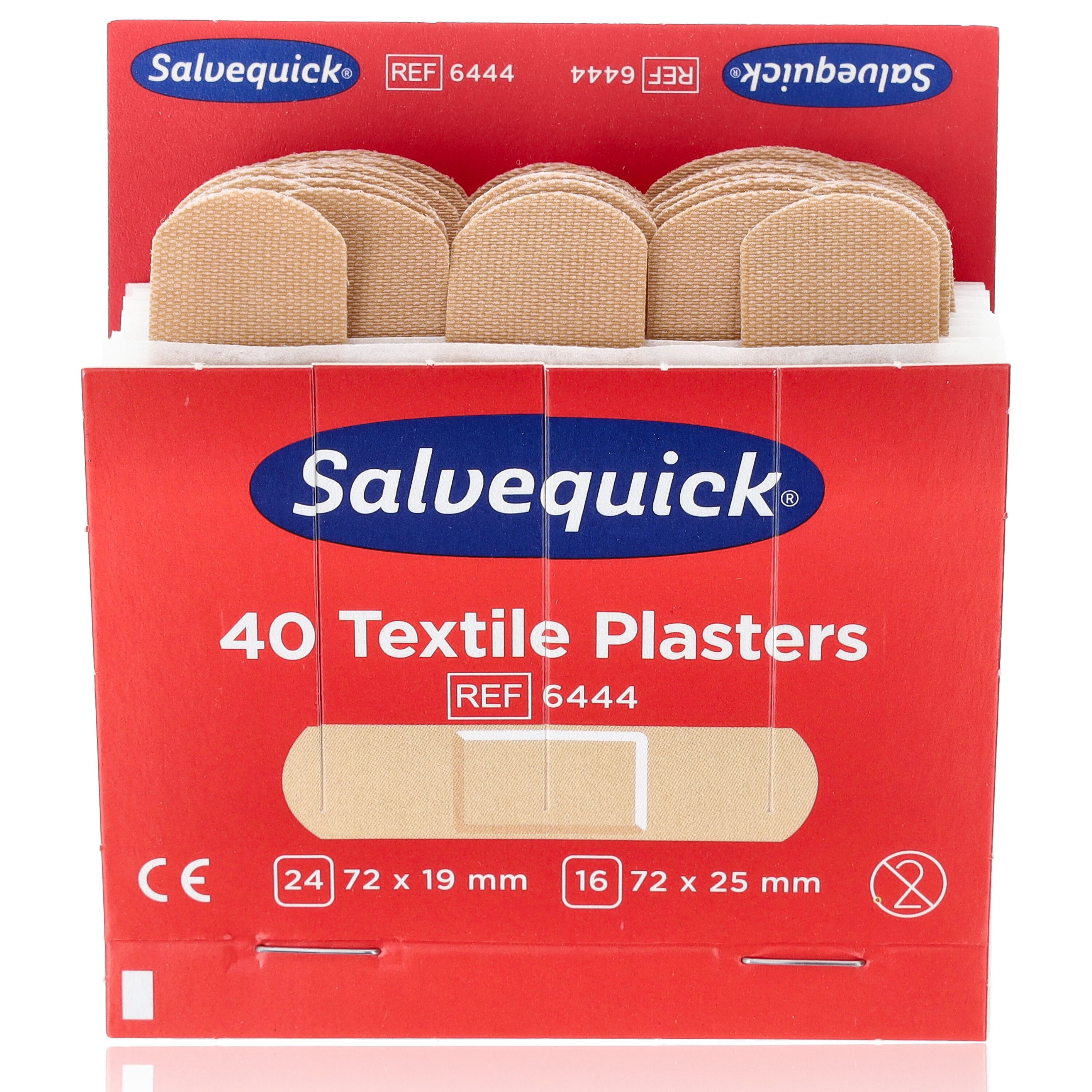 Salvequick-Pflaster in roter Verpackung. 40 Textilpflaster, REF 6444. Größen: 72x19 mm und 72x25 mm. CE-Kennzeichnung.