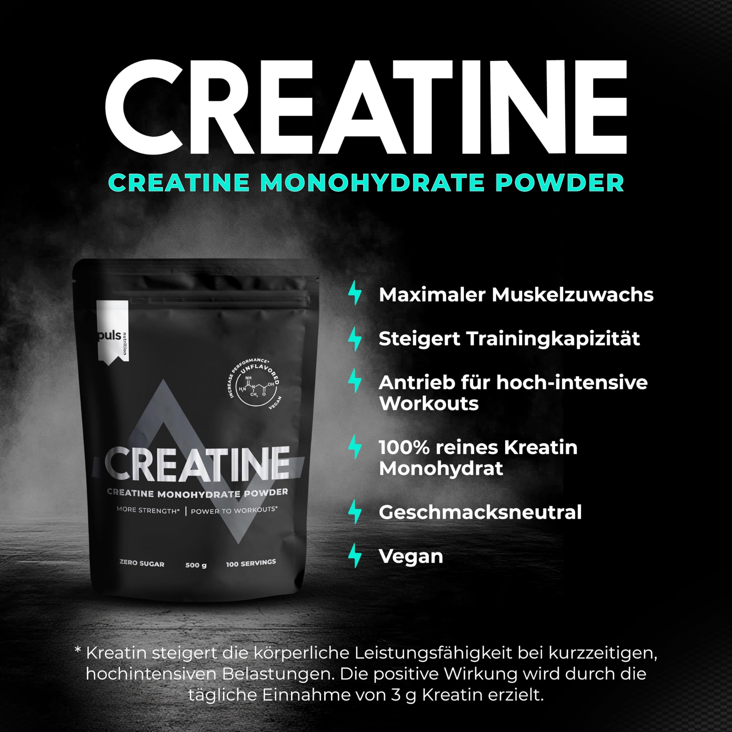Schwarze Beutel mit Kreatin-Pulver. Text: Kreatin Monohydrat Pulver. Merkmale: vegan, geschmacksneutral, 100% reines Kreatin.