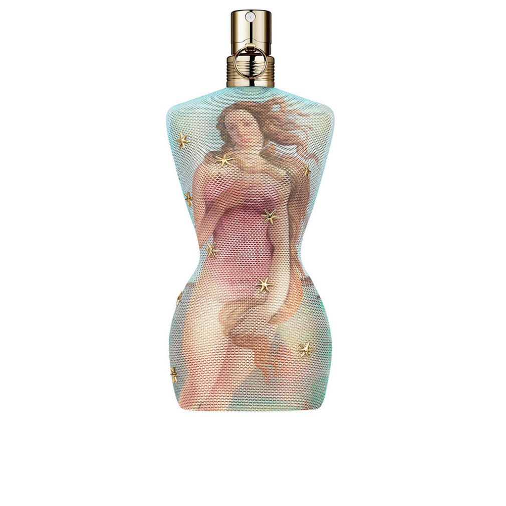 Parfümflakon in Frauenkörperform. Hellblaues Netzmuster mit Sternen. Abbildung einer Frau. Goldfarbener Sprühkopf.