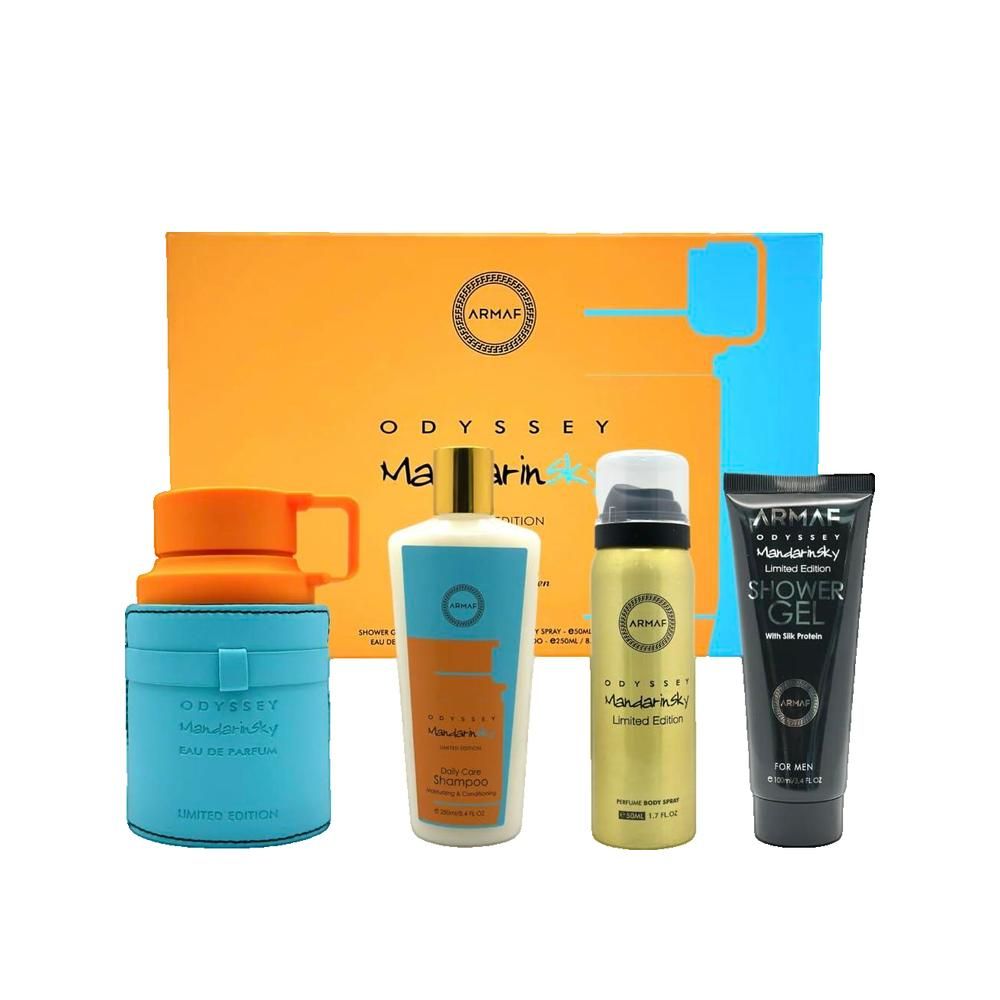 Geschenkset mit vier Produkten: Eau de Parfum, Duschgel, Körperspray und Lotion. Verpackung in Orange und Blau. Markenname: Armaf.