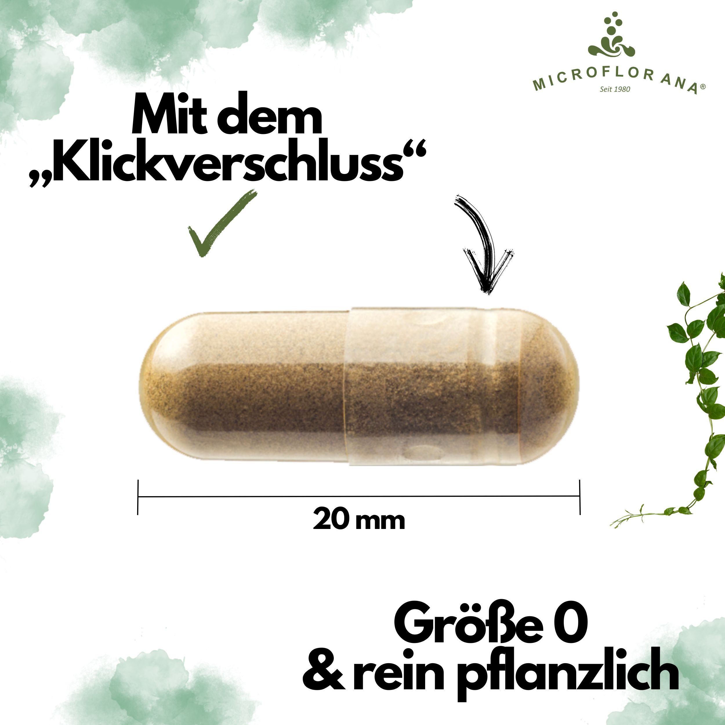 Einzelne Kapsel, 20 mm lang. Aufschrift: Größe 0 & rein pflanzlich. Pfeil zeigt auf Klickverschluss.