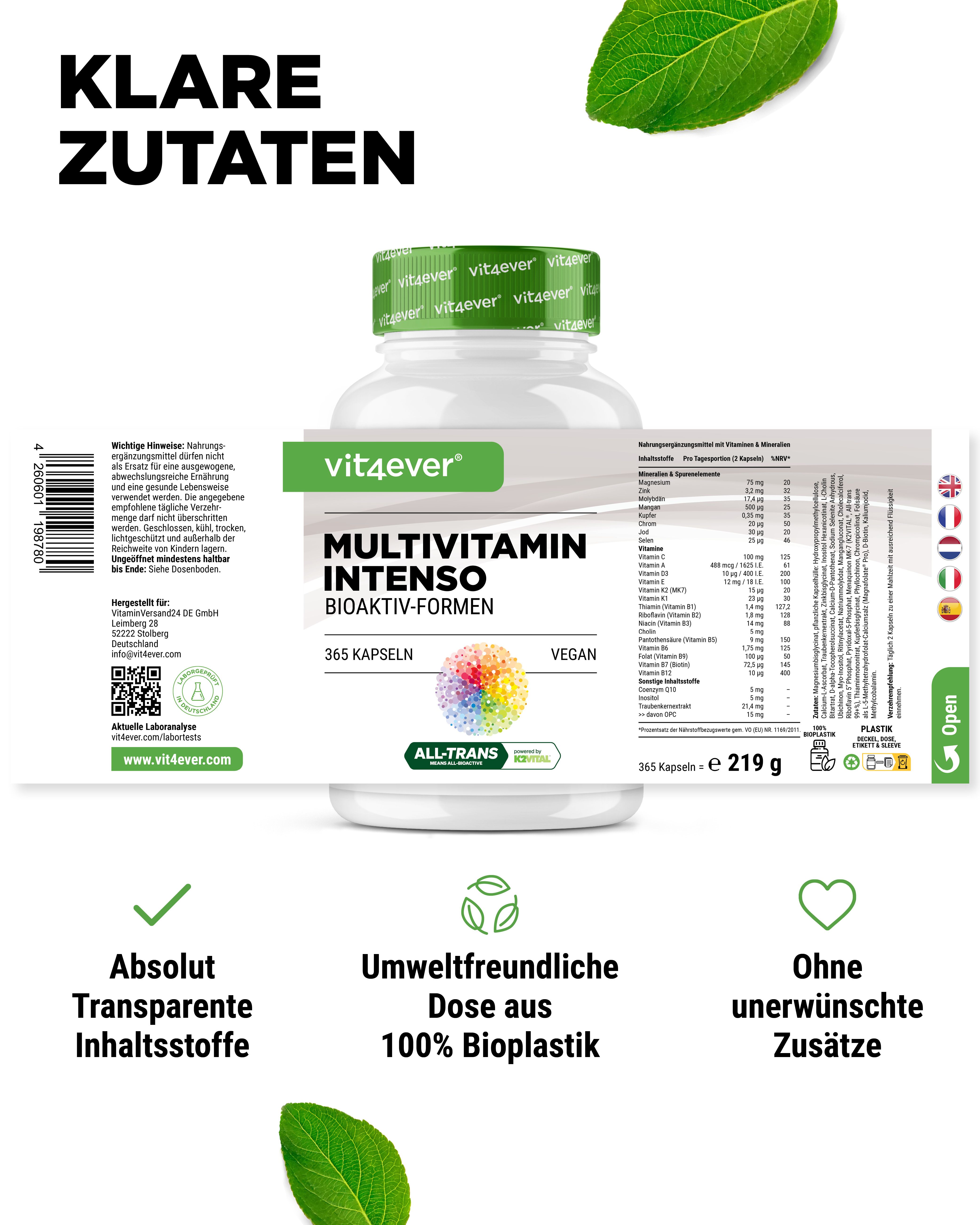 Eine Flasche vit4ever Multivitamin Intenso mit 365 Kapseln. Aufschrift: Klare Zutaten. Umweltfreundliche Dose aus 100% Bioplastik.