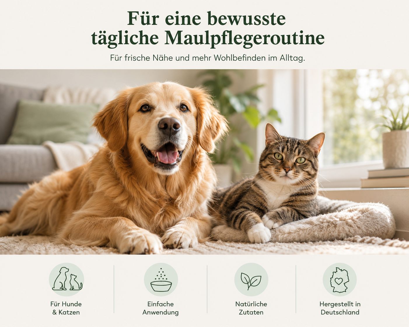 Hund und Katze liegen auf einem Teppich. Icons für Hunde & Katzen, einfache Anwendung, natürliche Zutaten.