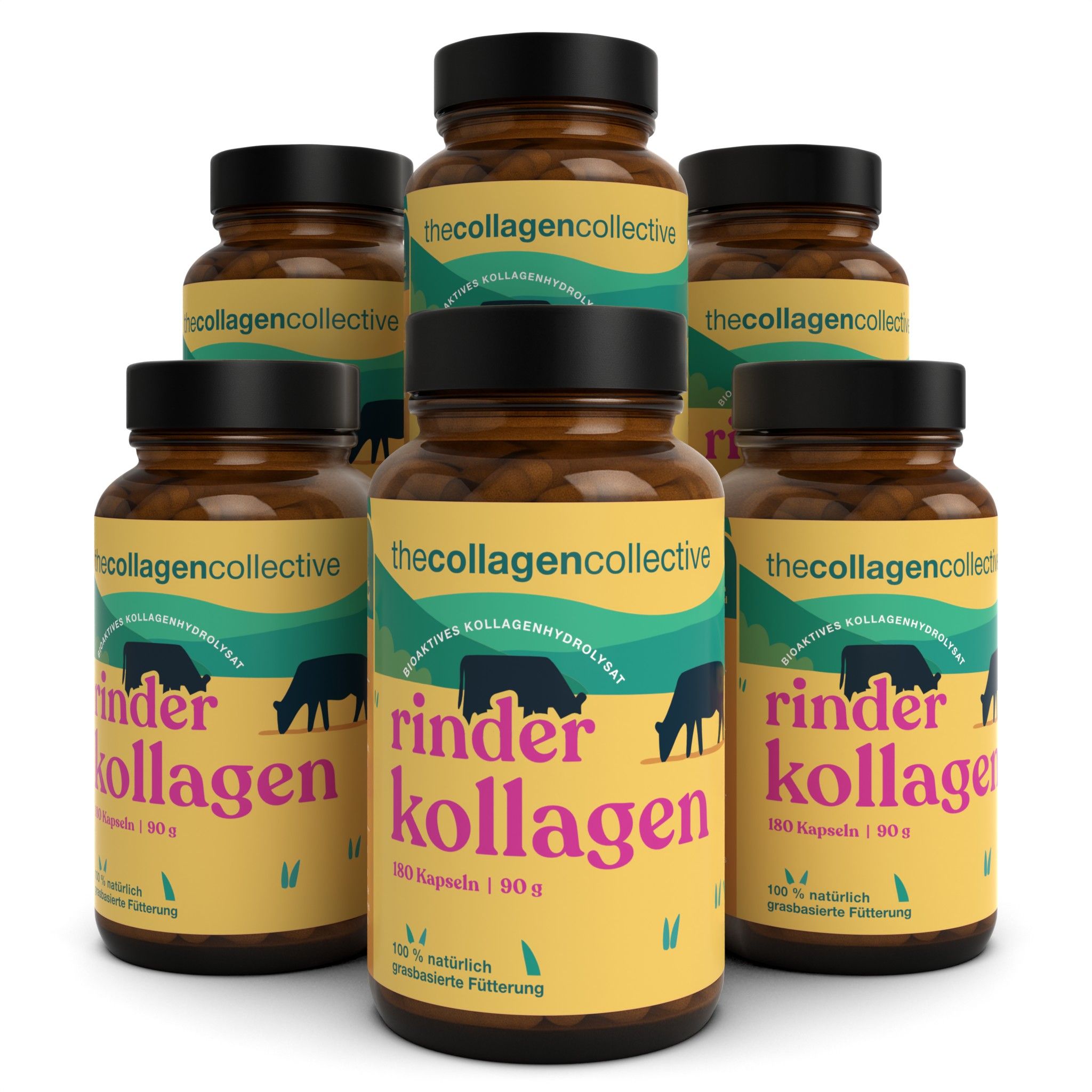 Sechs braune Glasflaschen mit schwarzen Deckeln. Auf den Etiketten steht "rinder kollagen" und "thecollagencollective".