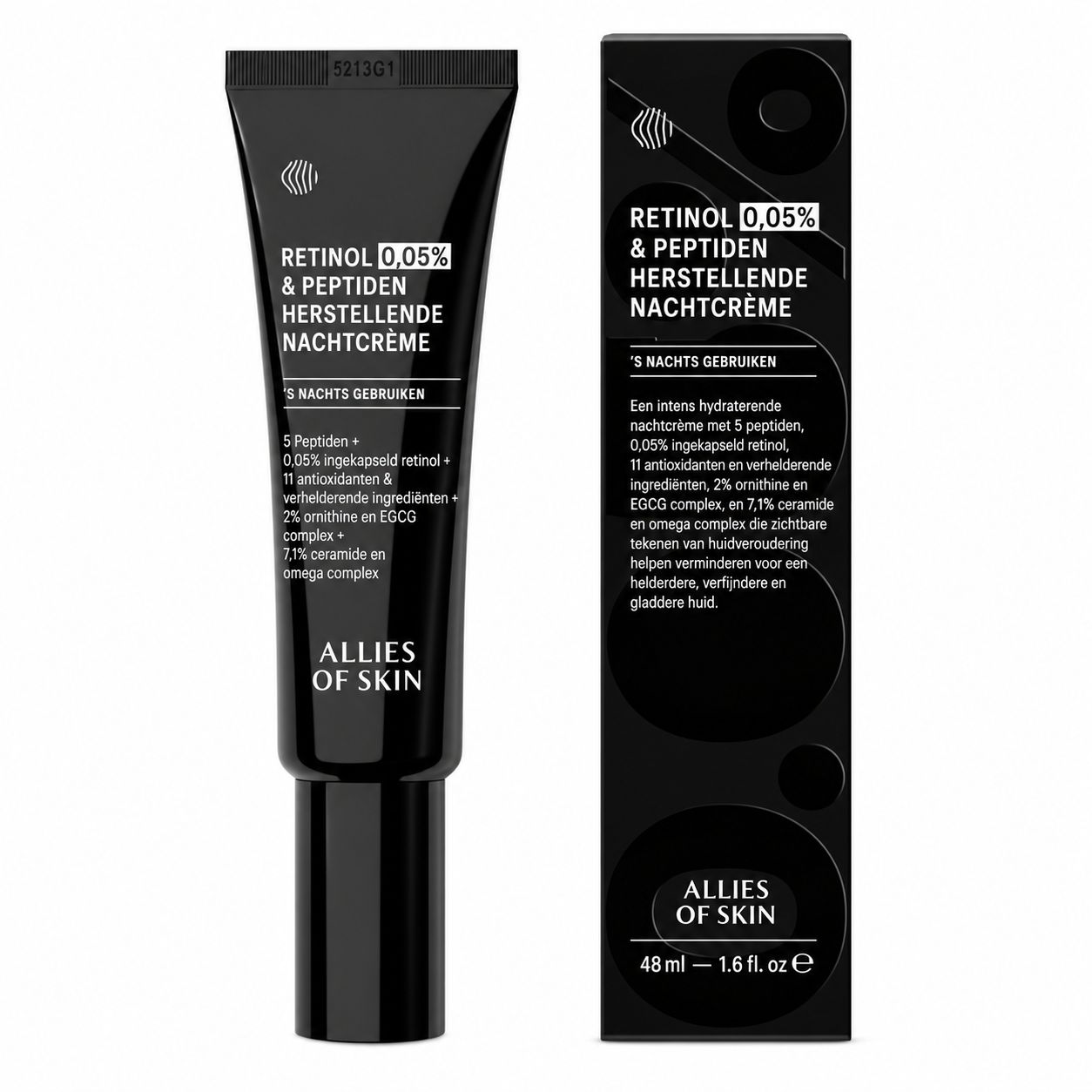 Schwarze Tube mit "Retinol 0.05% & Peptiden Herstellende Nachtcreme" und "Allies of Skin" Logo.