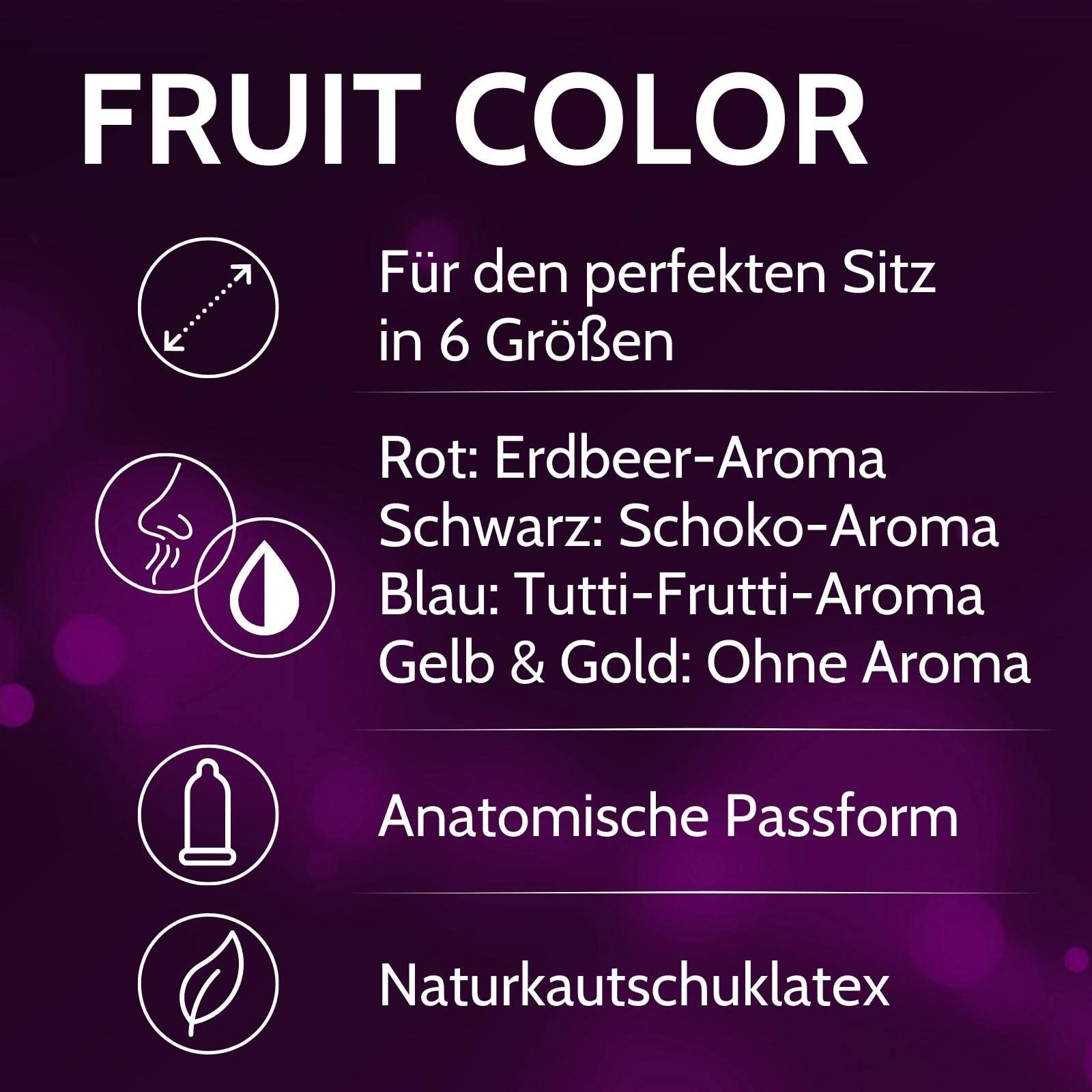 Fruchtige Kondome in 6 Größen, anatomische Passform, Naturkautschuklatex. Aromen: Erdbeere, Schoko, Tutti Frutti, ohne Aroma.