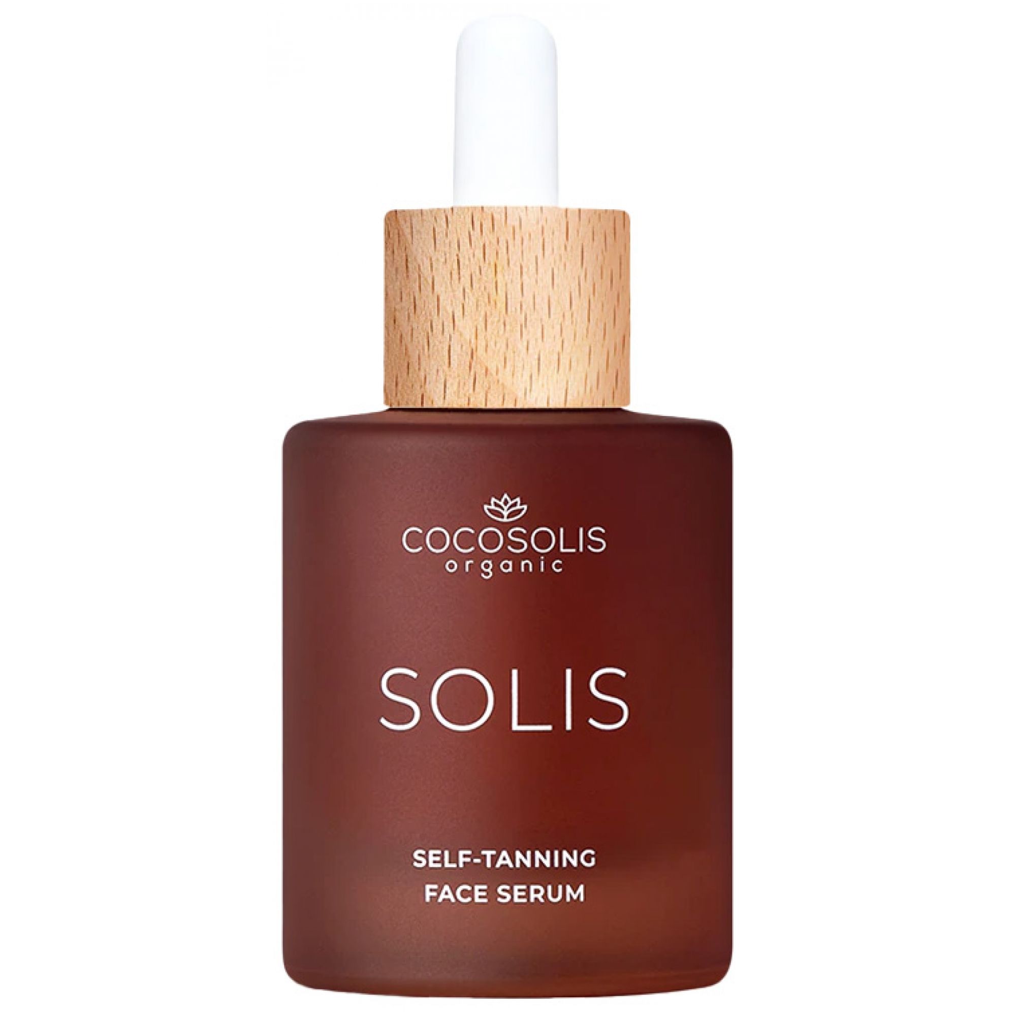 Braune Glasflasche mit Holzdeckel und Pipette, Cocosolis Solis Selbstbräunendes Gesichtsserum.