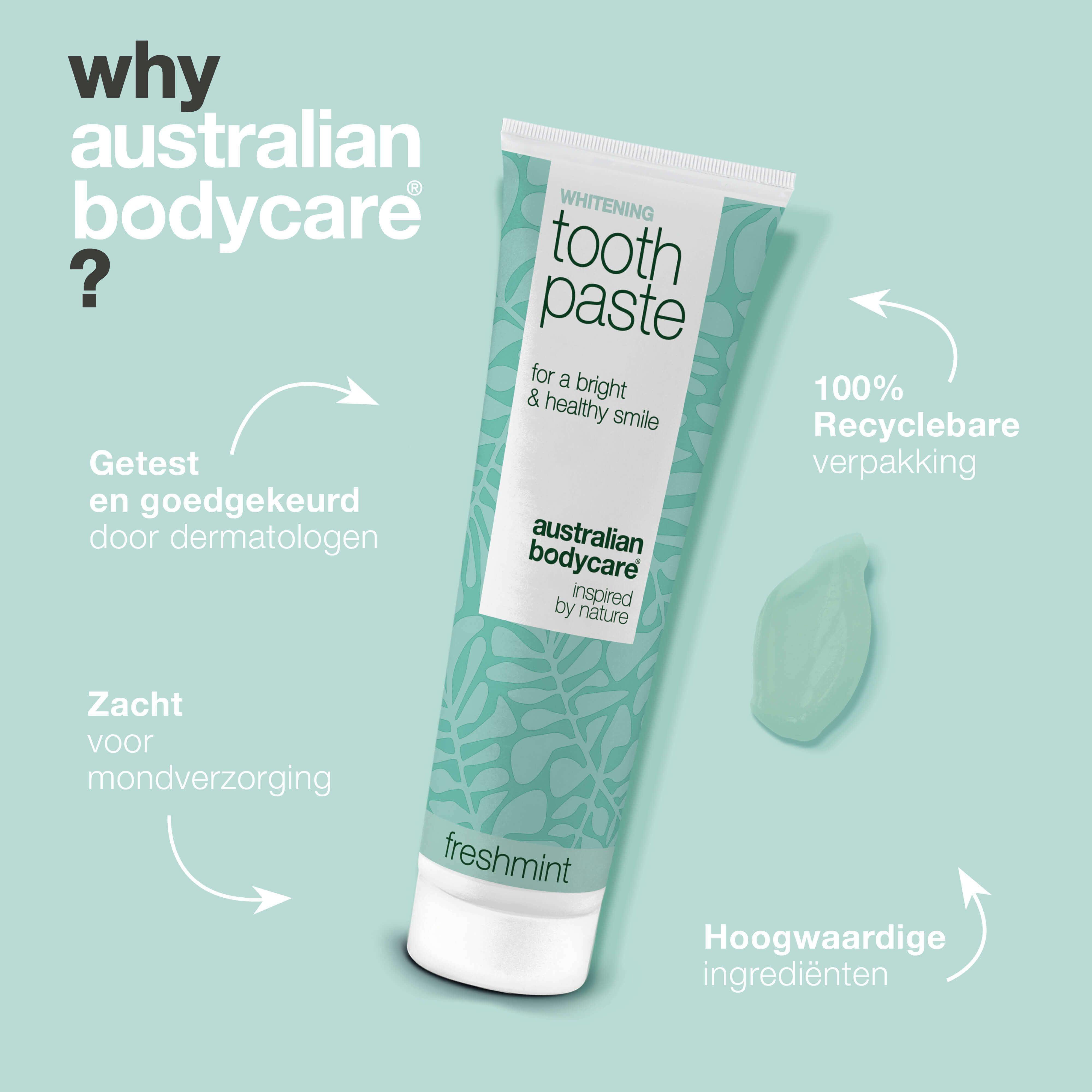 Tandpastatube met tekst en pijlen. Opschrift: Whitening Toothpaste, Australian Bodycare, Freshmint.