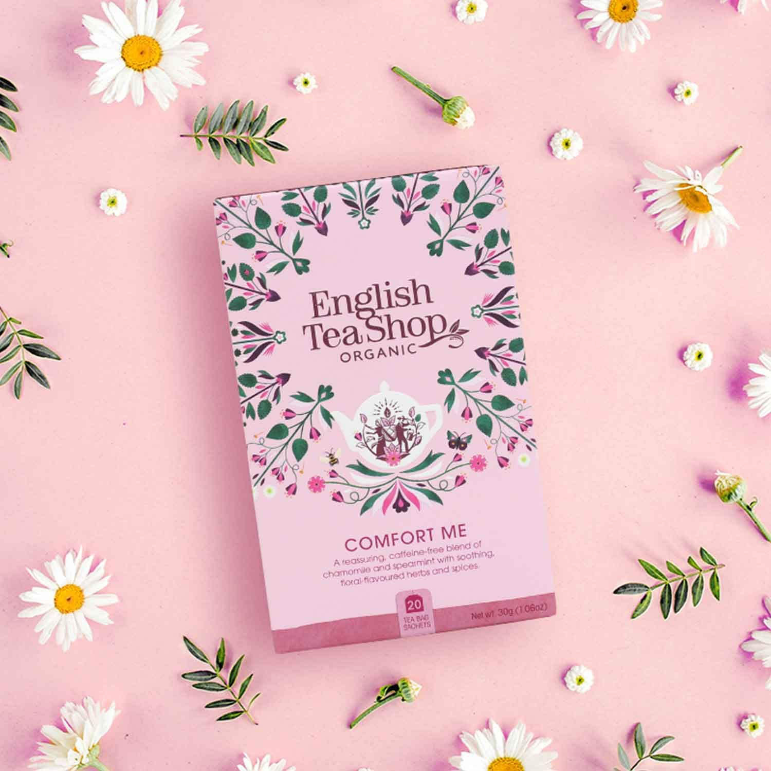 Rosa Schachtel mit "English Tea Shop Organic" und "Comfort Me" Schriftzug. 20 Teebeutel, floral umrandet.
