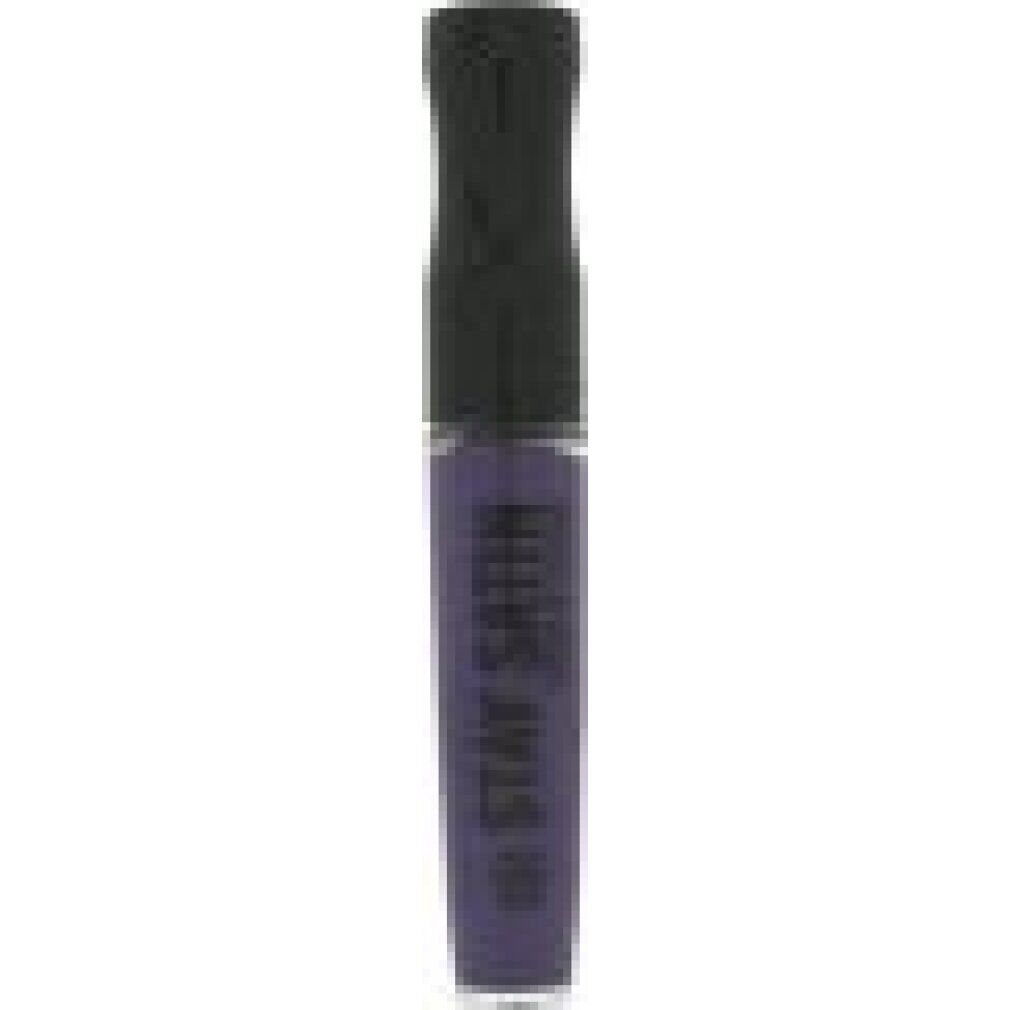 Lippenstift-Tube mit schwarzem Deckel. Aufschrift: STAY SATIN LIQUID LIP COLOUR. Farbe: Dunkelviolett.