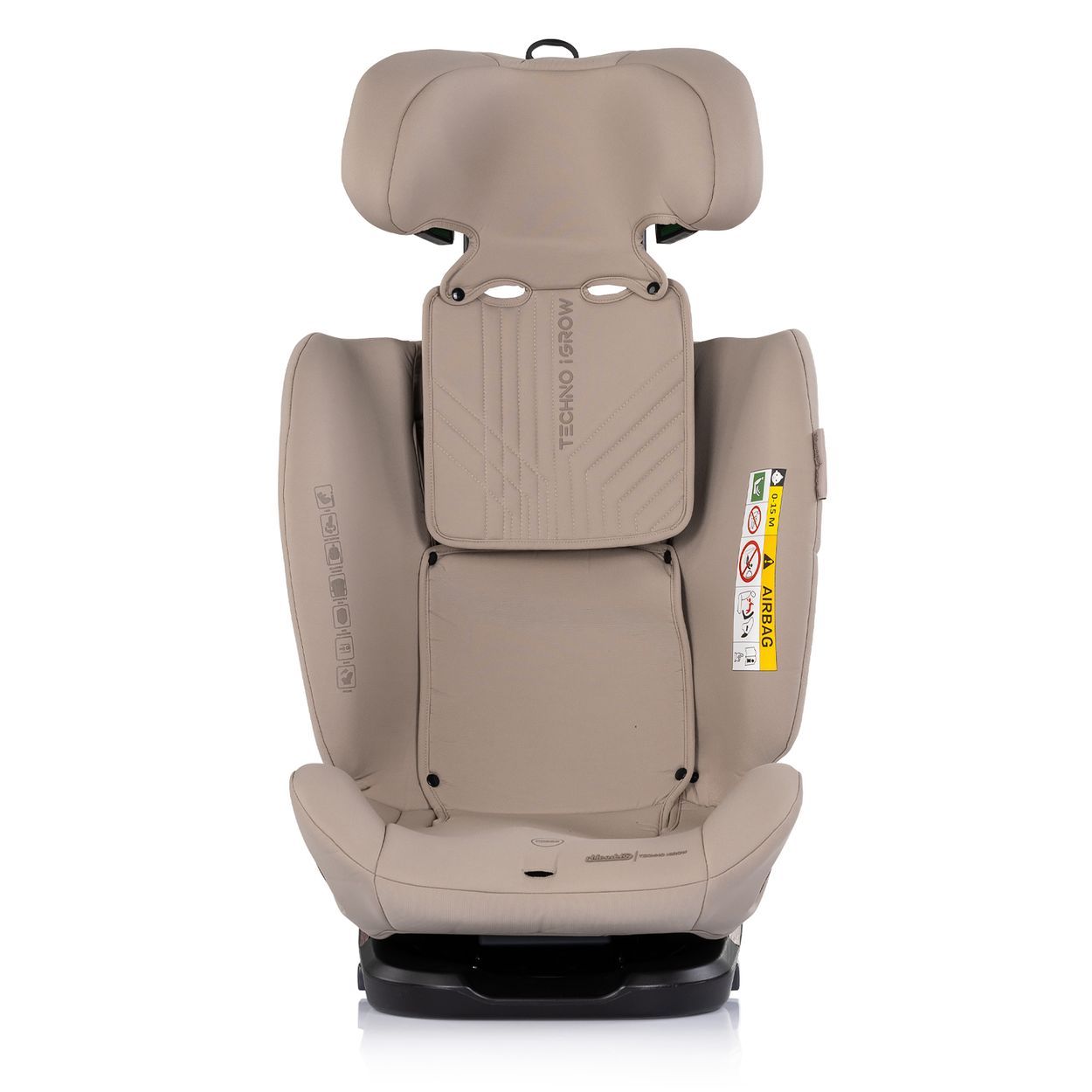 Grauer Kindersitz mit verstellbarer Kopfstütze und 5-Punkt-Gurt. Marke 'KIDDY' und 'EASY-RIDE' sichtbar.