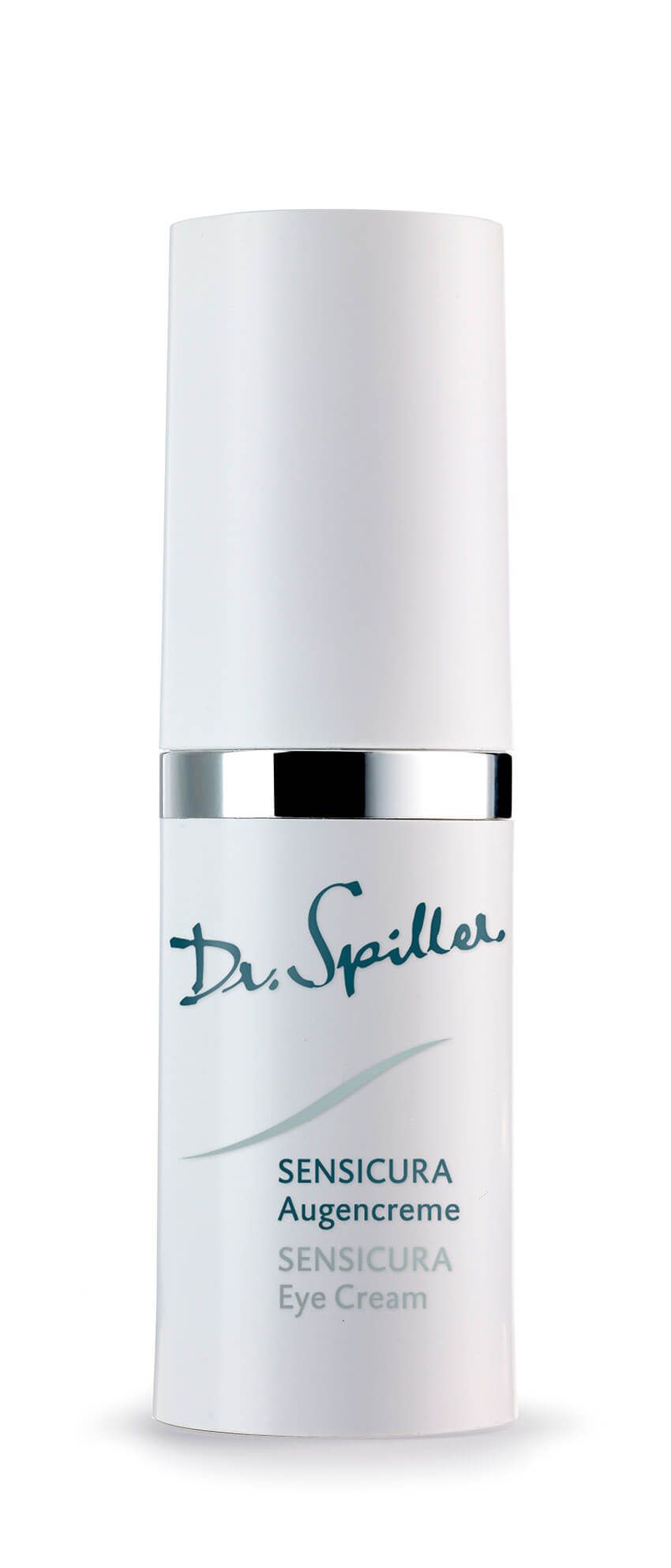 Dr. Spiller Sensicura Augencreme. Weiße Tube mit silbernem Ring. Aufschrift: Sensicura Eye Cream.