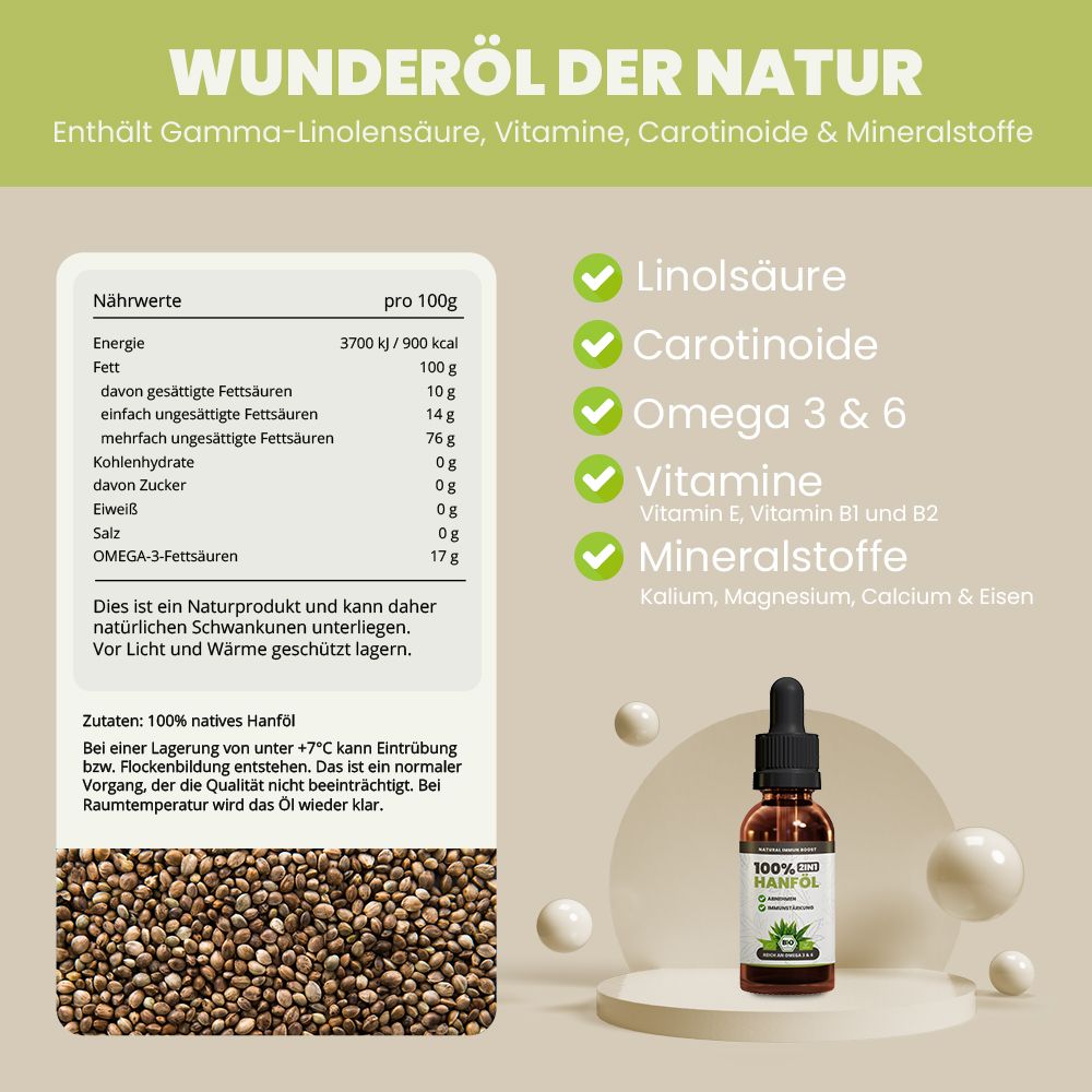 SANUUS® 2IN1 Bio Hanföl 100ml fürs Immunsystem & zum Abnehmen mit Omega-3-6-9