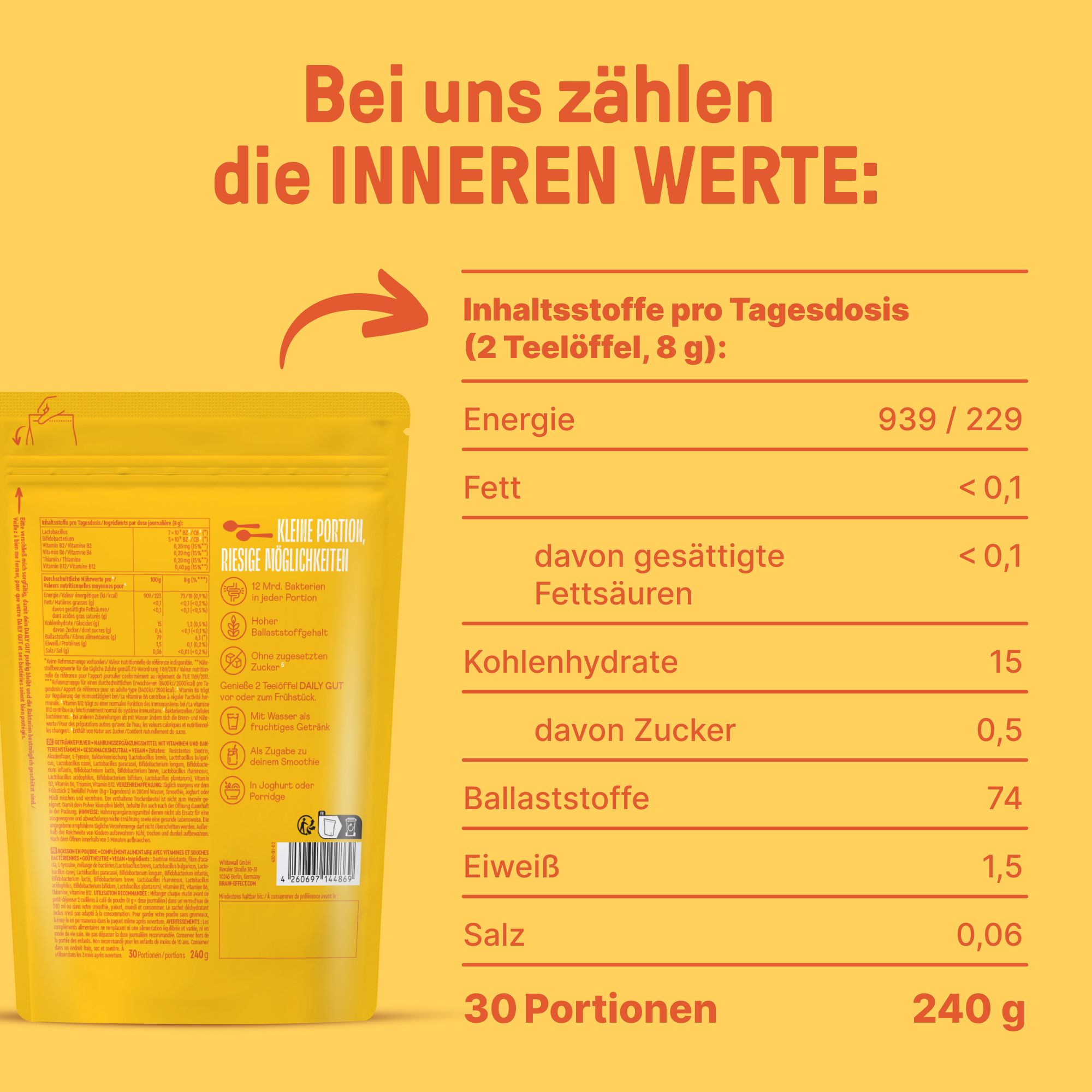 Nährwerttabelle. Enthält Energie, Fett, Kohlenhydrate, Ballaststoffe, Eiweiß, Salz. 30 Portionen, 240 g.
