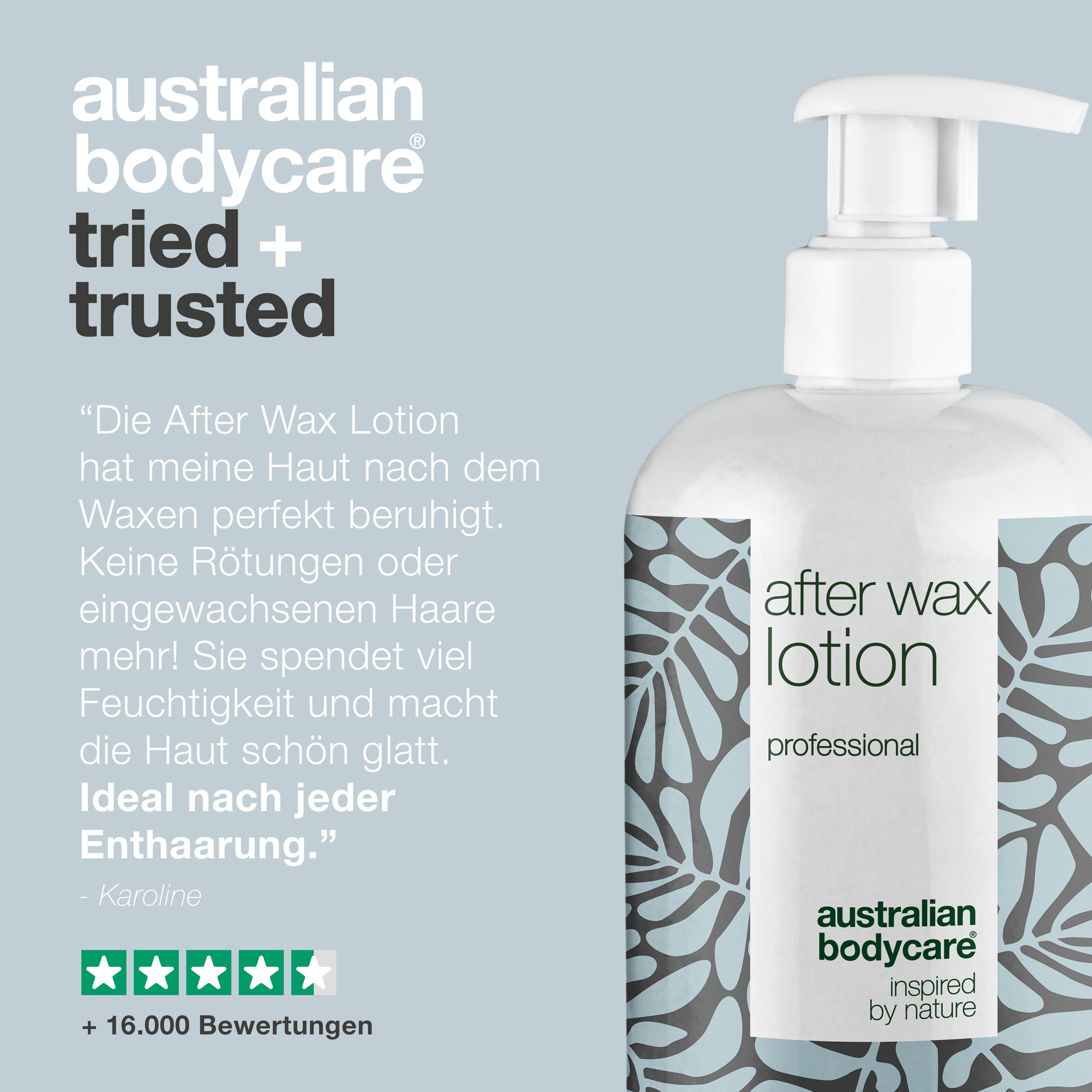 Produktflasche und Text. Text: After Wax Lotion beruhigt, keine Rötungen, keine eingewachsenen Haare.