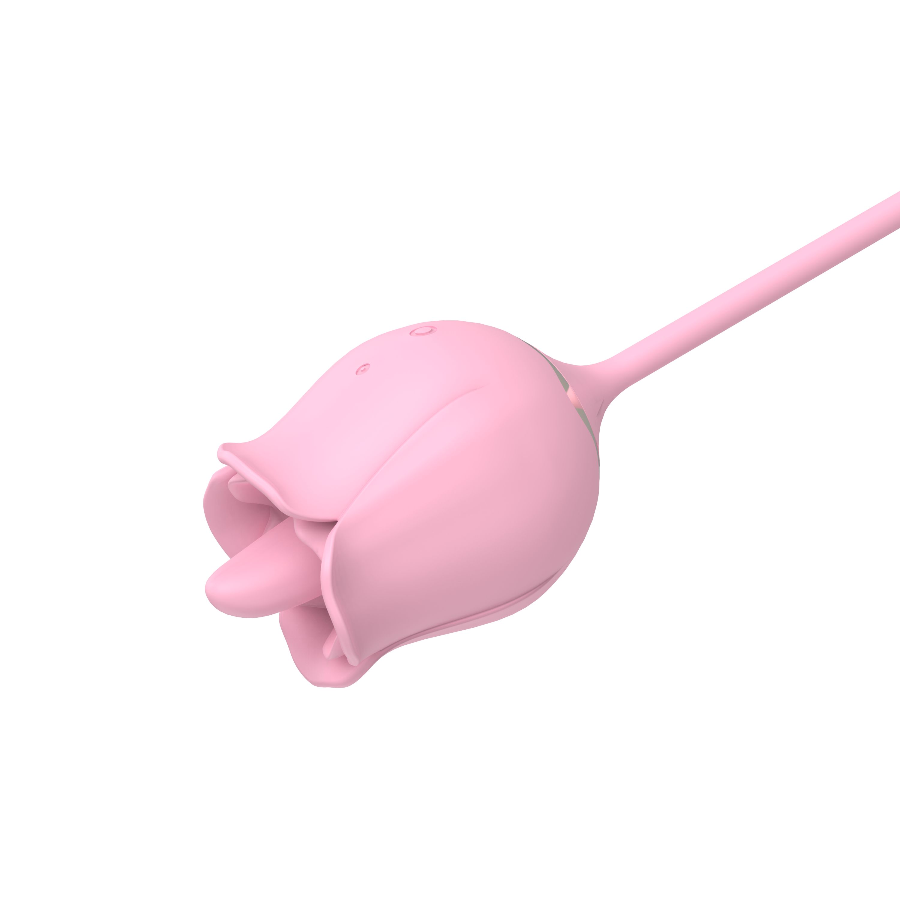 Schrägansicht eines rosa Vibrators in Rosenform. Der Kopf ist leicht geneigt.