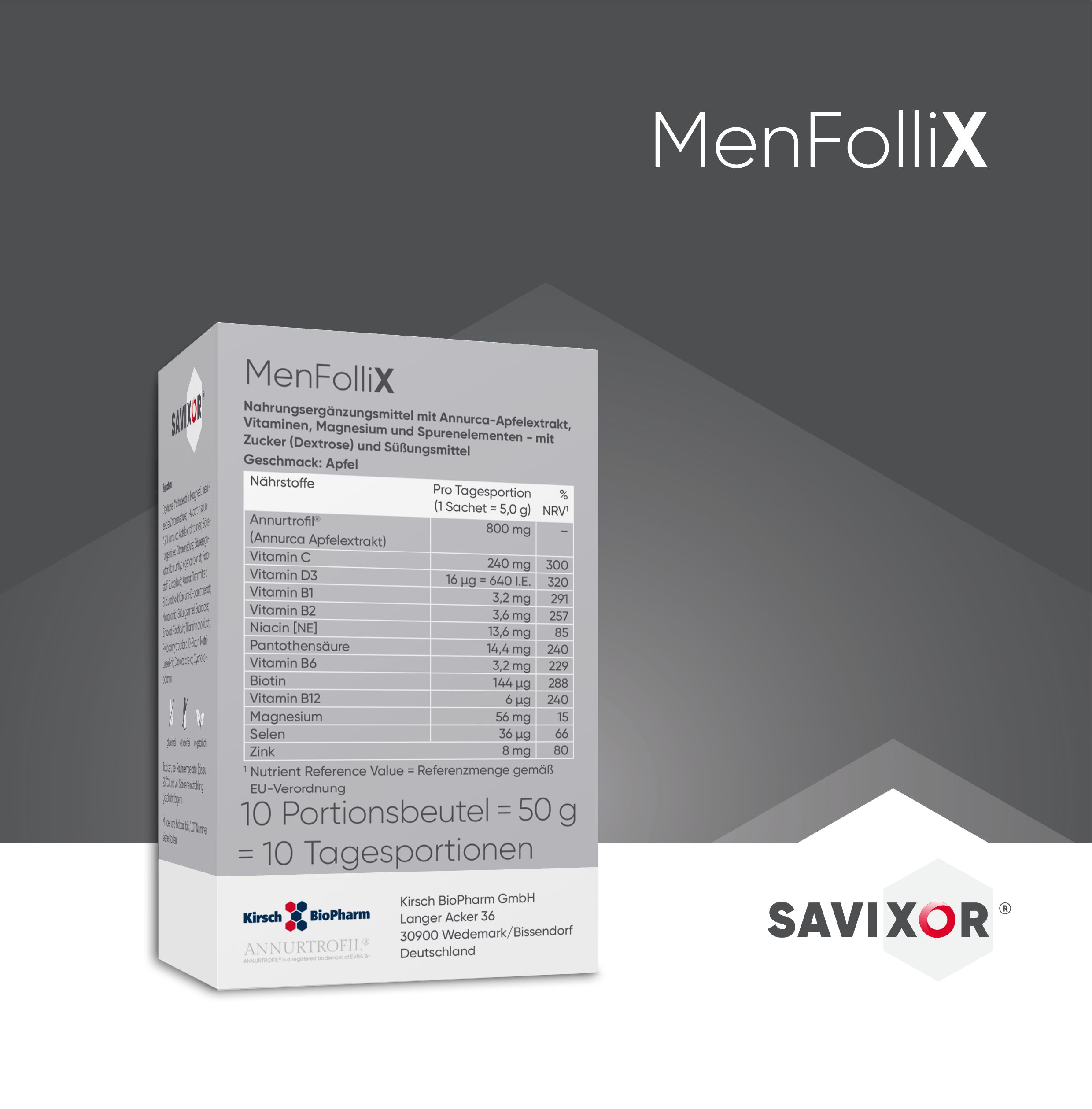 Savixor MenFolliX Vitamin-Komplex Pulver-Packung. Enthält Nährwerttabelle mit Vitaminen und Mineralien. 10 Portionenbeutel, 50g.