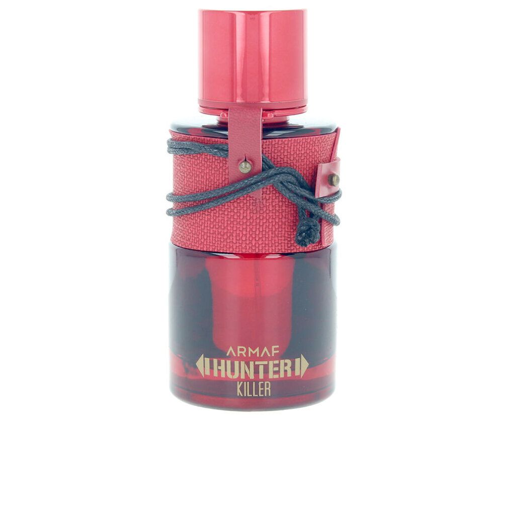 Rote Flasche mit rotem Verschluss und Lederband. Aufschrift "ARMAF HUNTER KILLER".