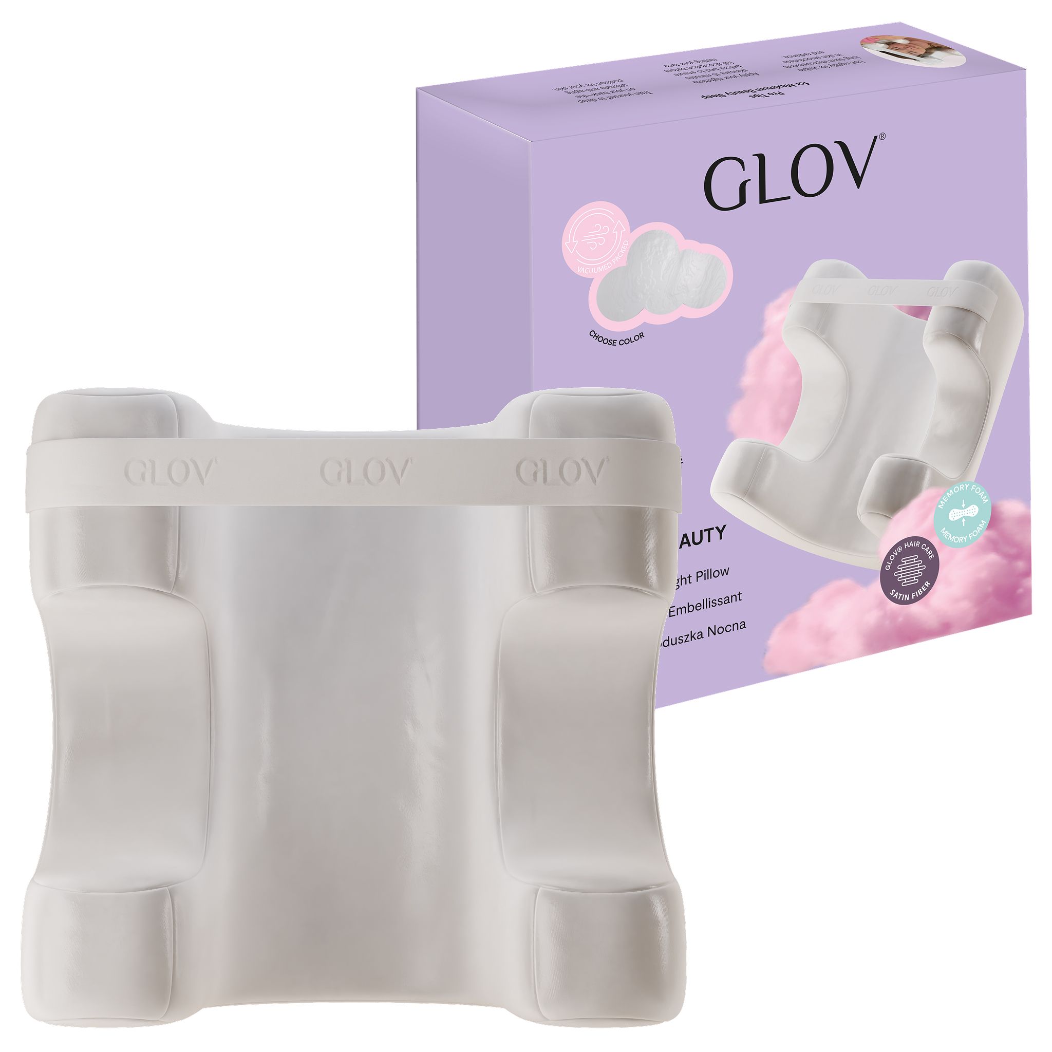 Ein weißes Knie-Schlaf-Kissen und seine Verpackung.