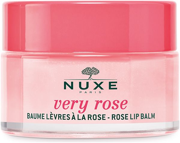 NUXE Very Rose Lippenbalsam. Kleiner, offener Tiegel mit rosa Balsam. Aufschrift: Very Rose, Baume Lèvres à la Rose - Rose Lip Balm.