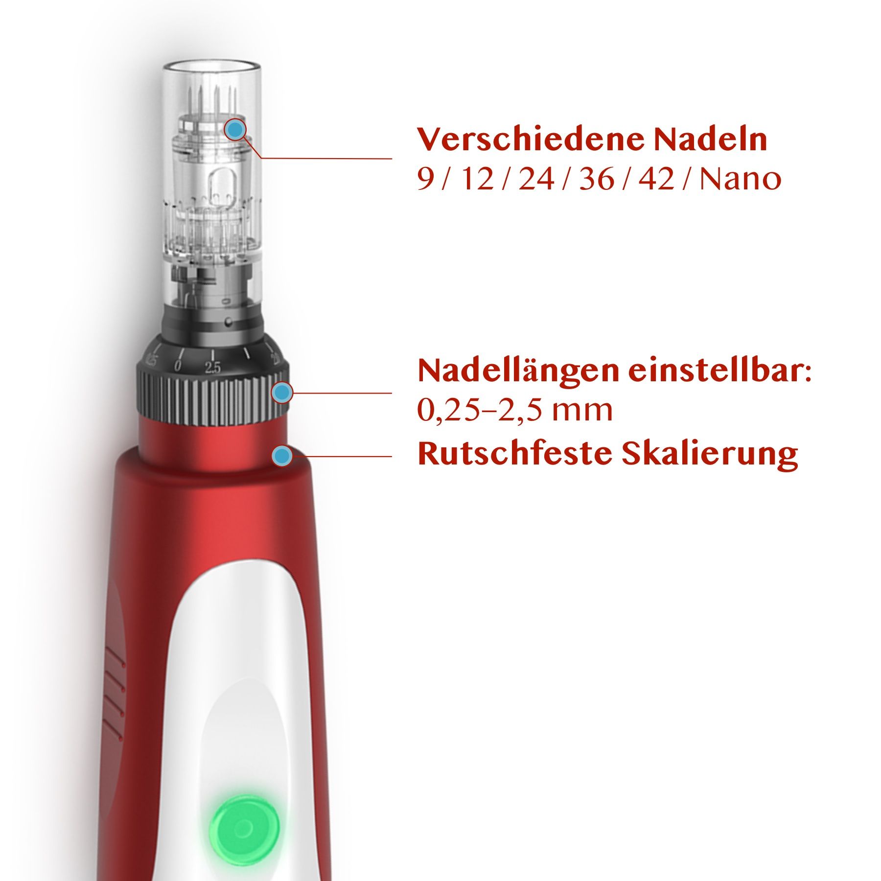 Nahaufnahme des Geräts. Zeigt verschiedene Nadeltypen und einstellbare Nadellängen.