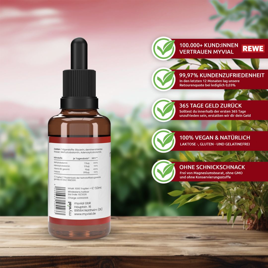 myvial® Vitamin B12 + Folsäure Tropfen 10 ml - hochdosiert mit Methyl- & Adenosylcobalamin - vegan