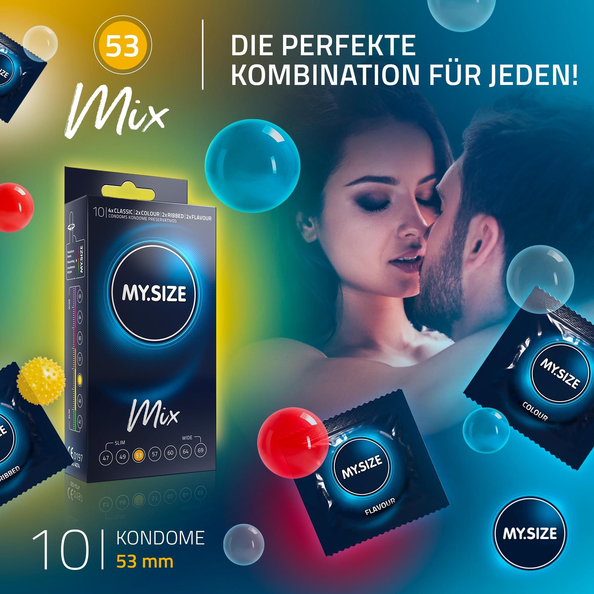 MY.SIZE Mix Kondom-Packung mit 10 Kondomen, 53 mm Breite. Enthält Classic, Colour, Flavour und Ribbed Varianten.