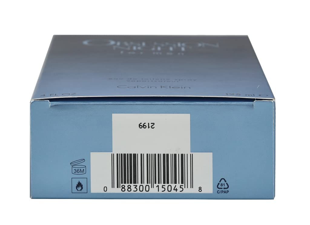 Rückseite der Schachtel. Barcode, Text und Symbole. Aufschrift: Calvin Klein. Eau de Toilette Spray.