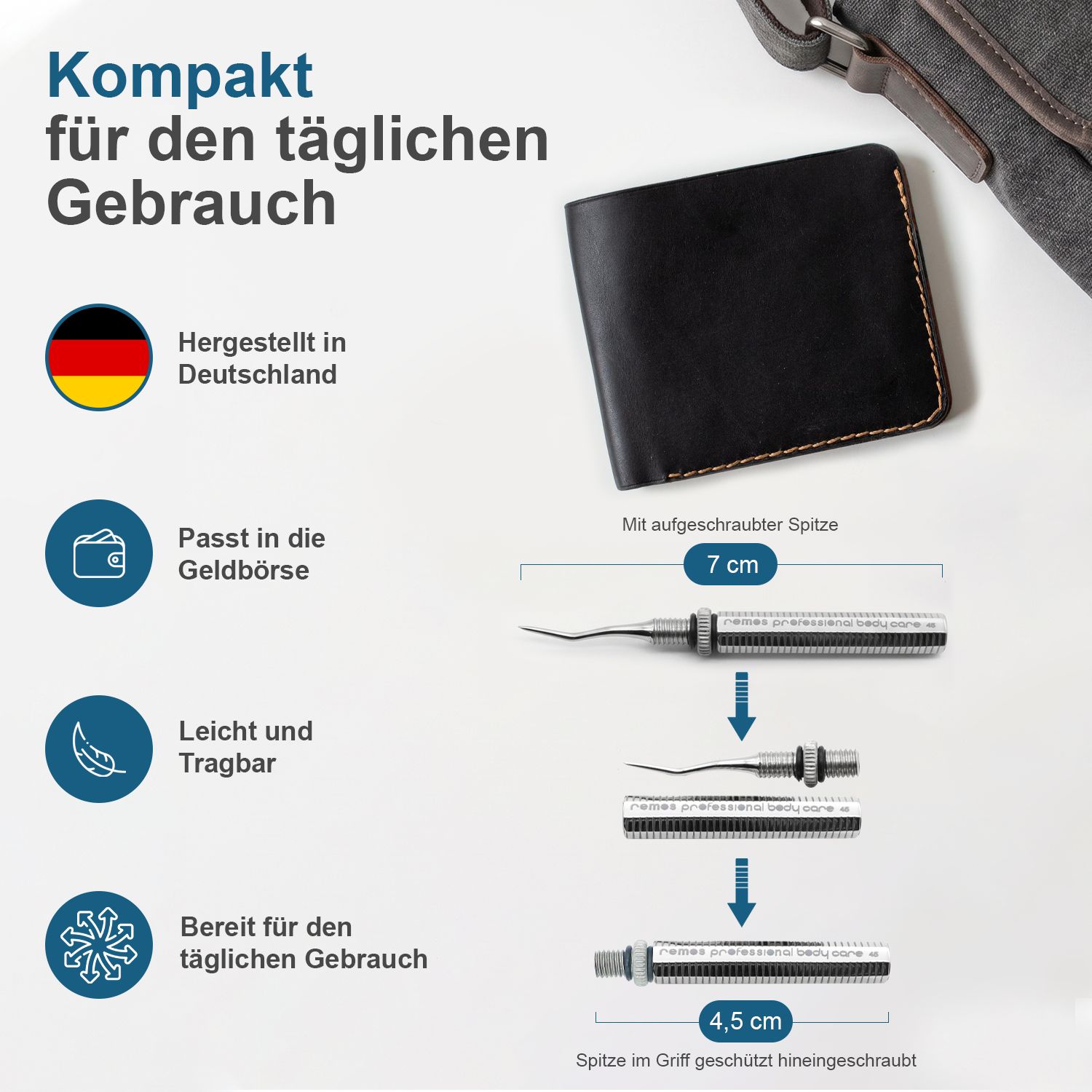 Kompakter, wiederverwendbarer Zahnstocher aus Edelstahl, passt in die Geldbörse.