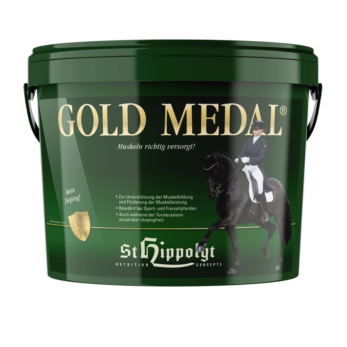 Grüner Eimer mit Aufschrift Gold Medal und Reiterin auf Pferd. Text: St. Hippolyt, kein Doping. Schwarzer Griff.