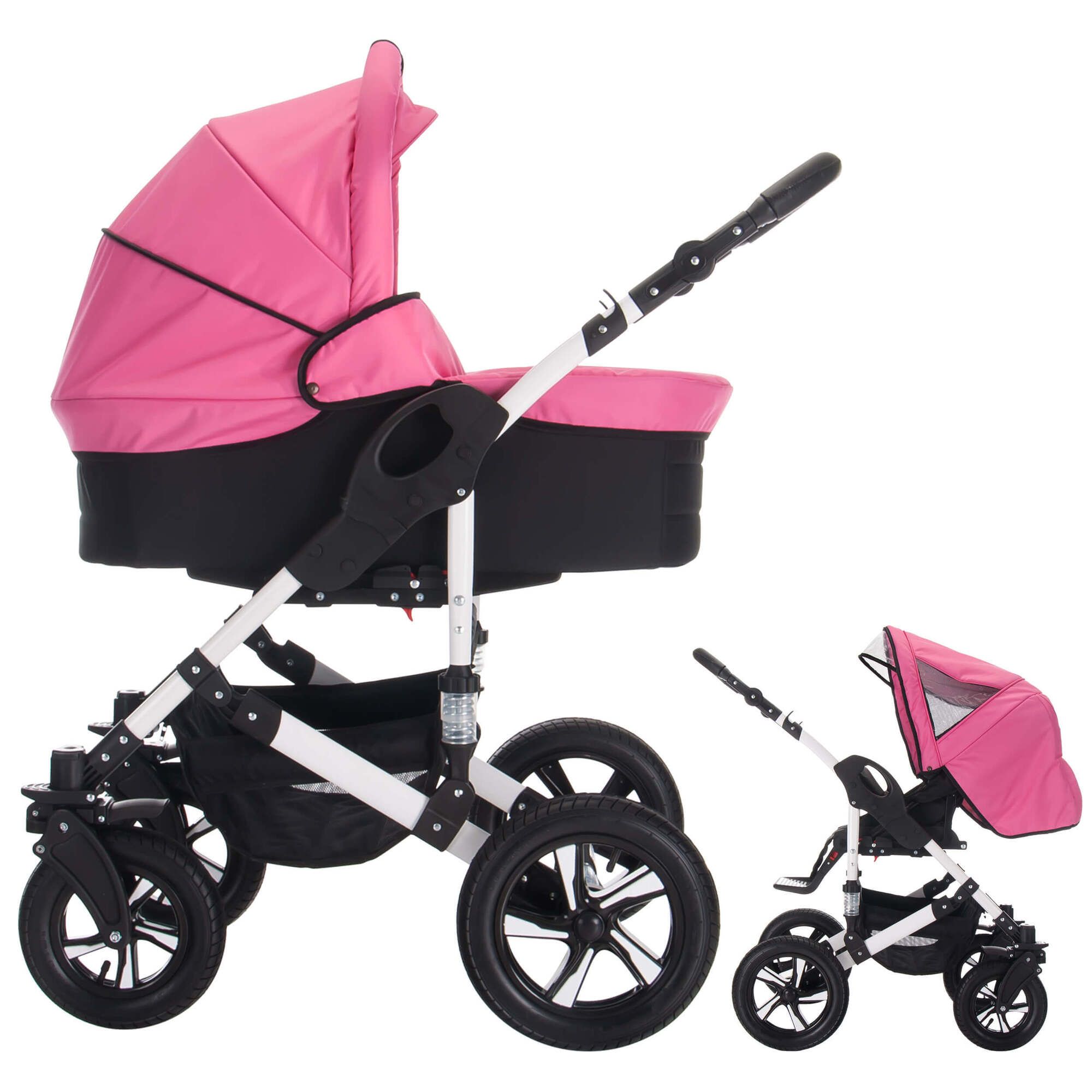 Kombikinderwagen, rosa/schwarz, mit Hartgummireifen. Seitliche Ansicht, teilweise zusammengeklappt. Weißes Gestell, schwarze Räder.