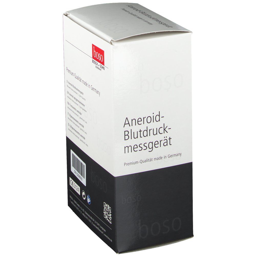 Verpackung des boso CLINICUS S. Aufdruck: Anzeigetafel, Marke, "Aneroid-Blutdruckmessgerät".