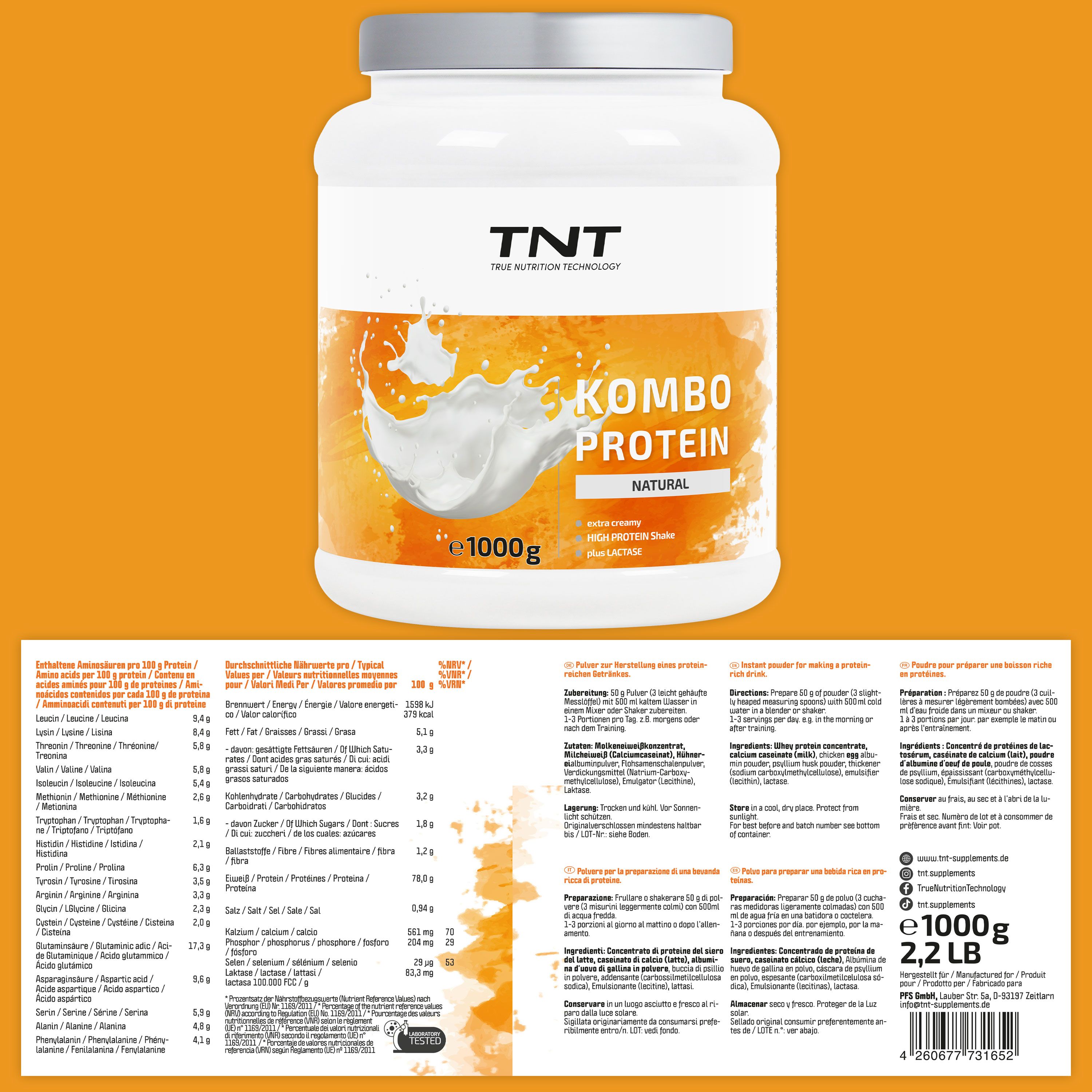 Weißes TNT Kombo Protein-Behälter mit silbernem Deckel. Aufschrift: Kombo Protein Natural. 1000g. Aufgeklappte Nährwerttabelle.