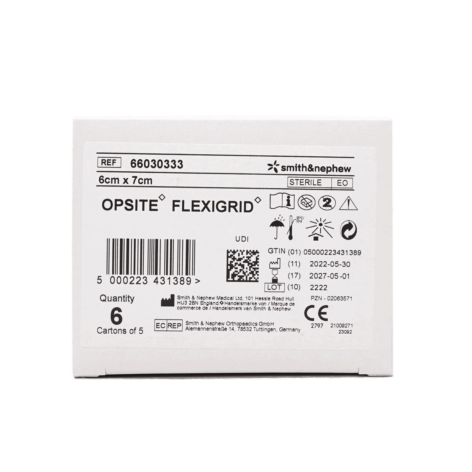 Verpackung OPSITE Flexigrid, 6cm x 7cm. Steril. Smith & Nephew Logo. Enthält 6 Stück. Produktinformationen.