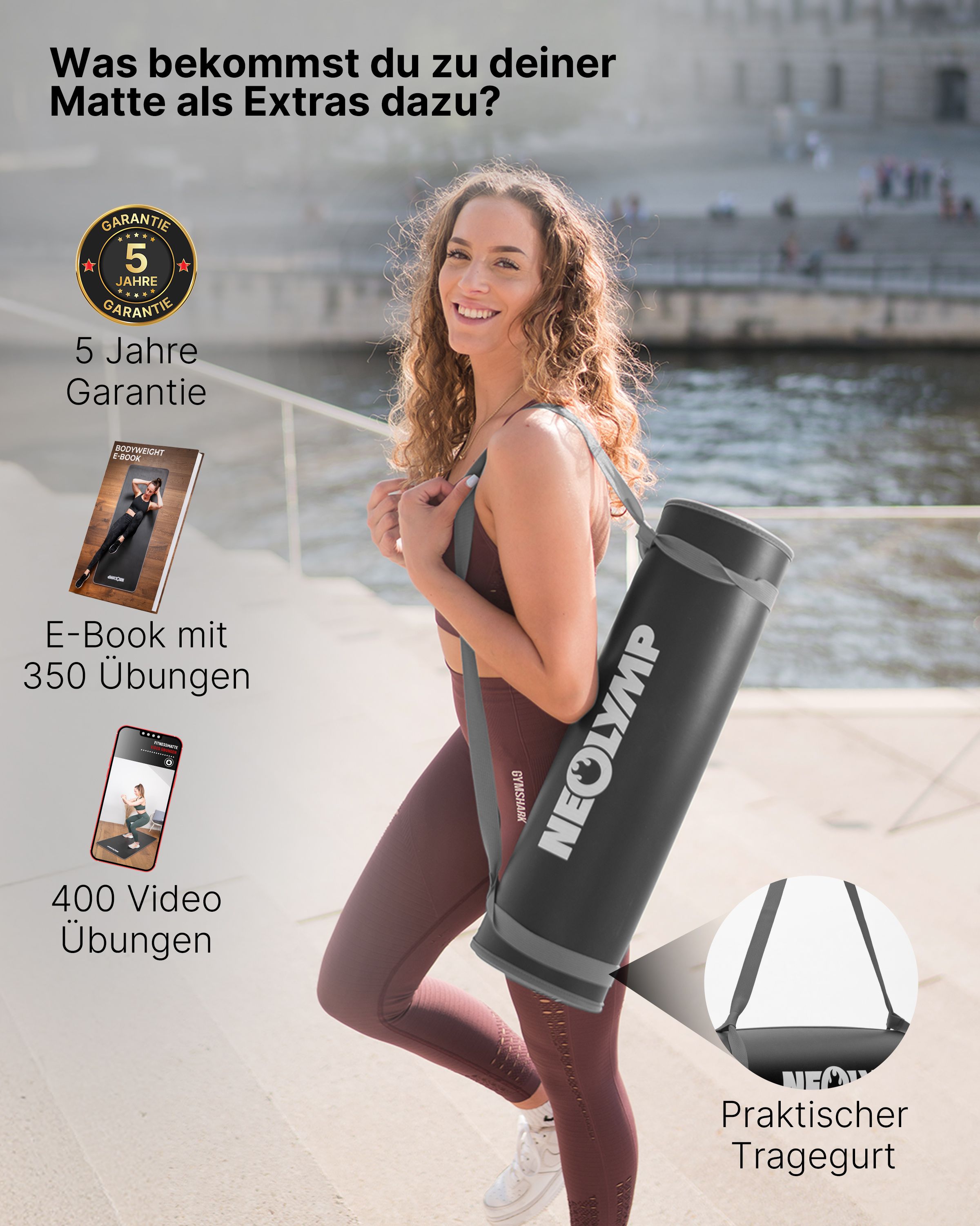 Frau mit gerollter Fitnessmatte. Aufschrift: NEOLYMP. Zubehör: Tragetasche, E-Book, Video-Übungen.